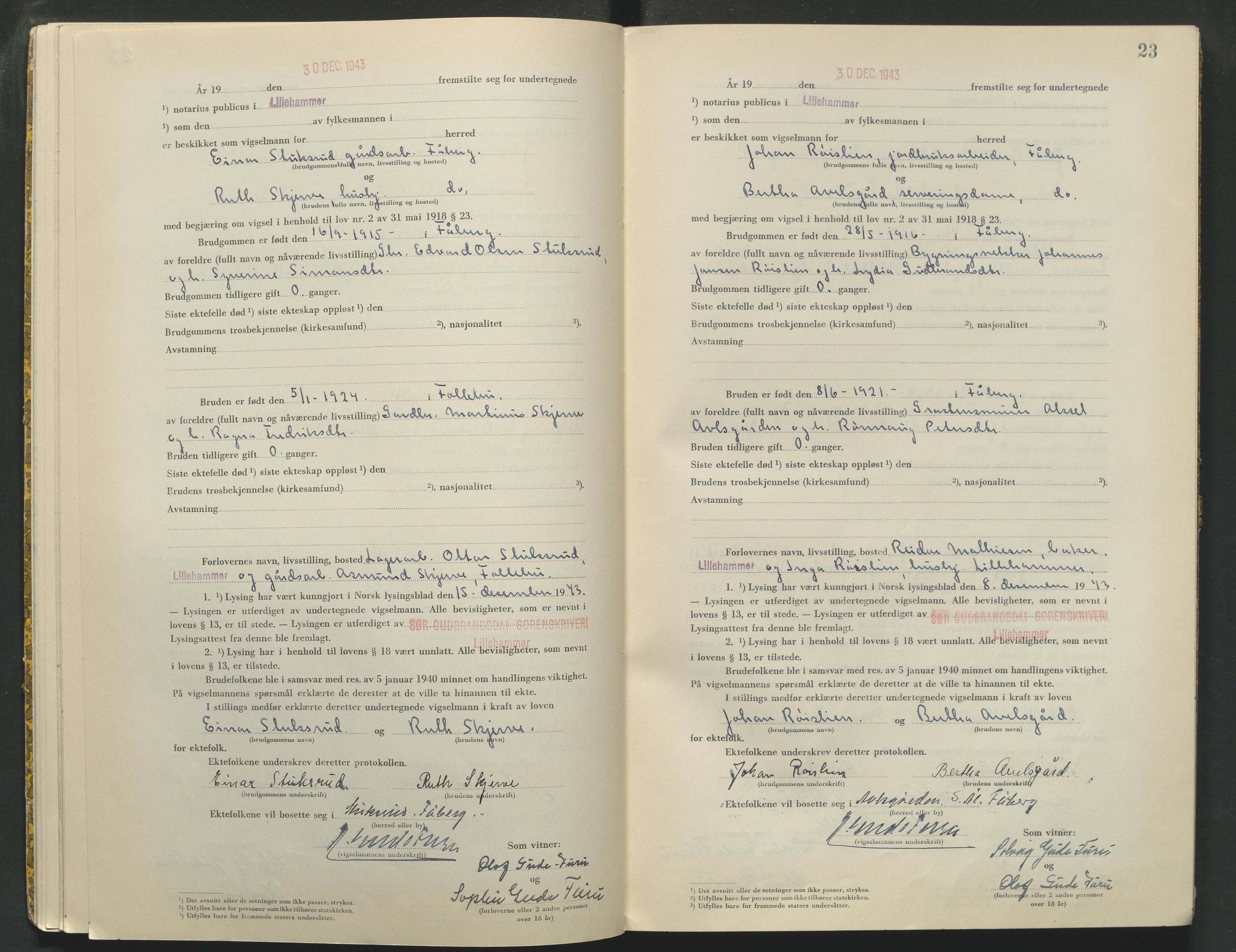 Sør-Gudbrandsdal tingrett, AV/SAH-TING-004/L/Lc/L0004: Vigselsprotokoll, 1943-1944, p. 23