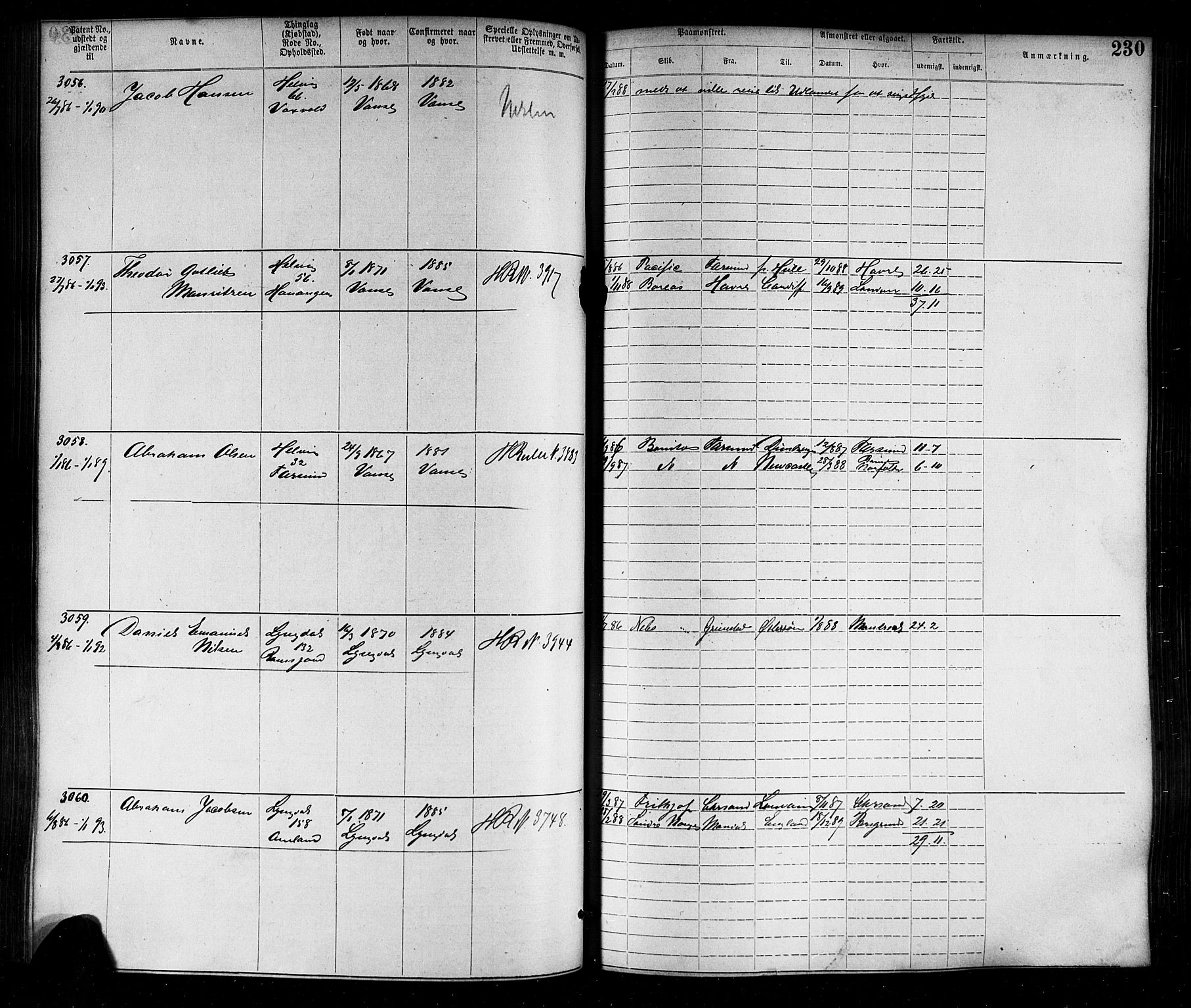 Farsund mønstringskrets, SAK/2031-0017/F/Fa/L0006: Annotasjonsrulle nr 1911-3805 med register, Z-3, 1877-1894, p. 262