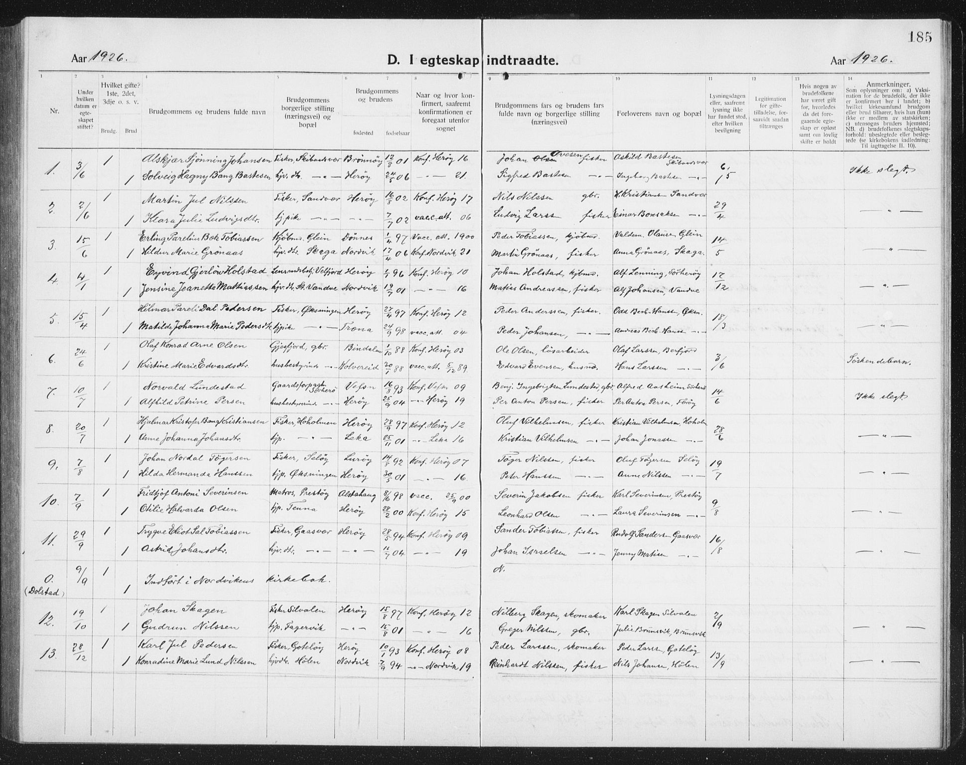 Ministerialprotokoller, klokkerbøker og fødselsregistre - Nordland, SAT/A-1459/834/L0517: Parish register (copy) no. 834C07, 1919-1939, p. 185