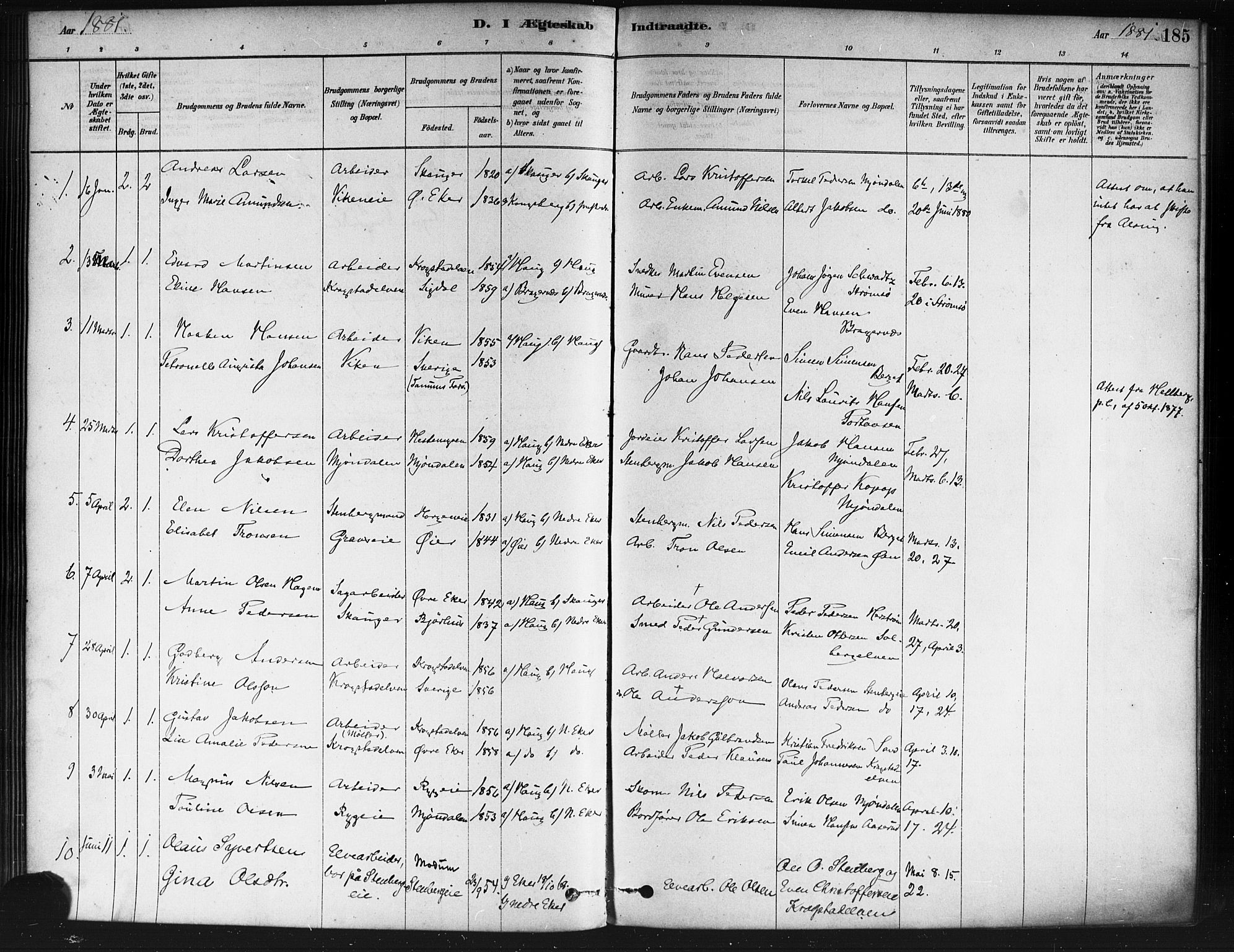 Nedre Eiker kirkebøker, SAKO/A-612/F/Fa/L0002: Parish register (official) no. 2, 1878-1885, p. 185