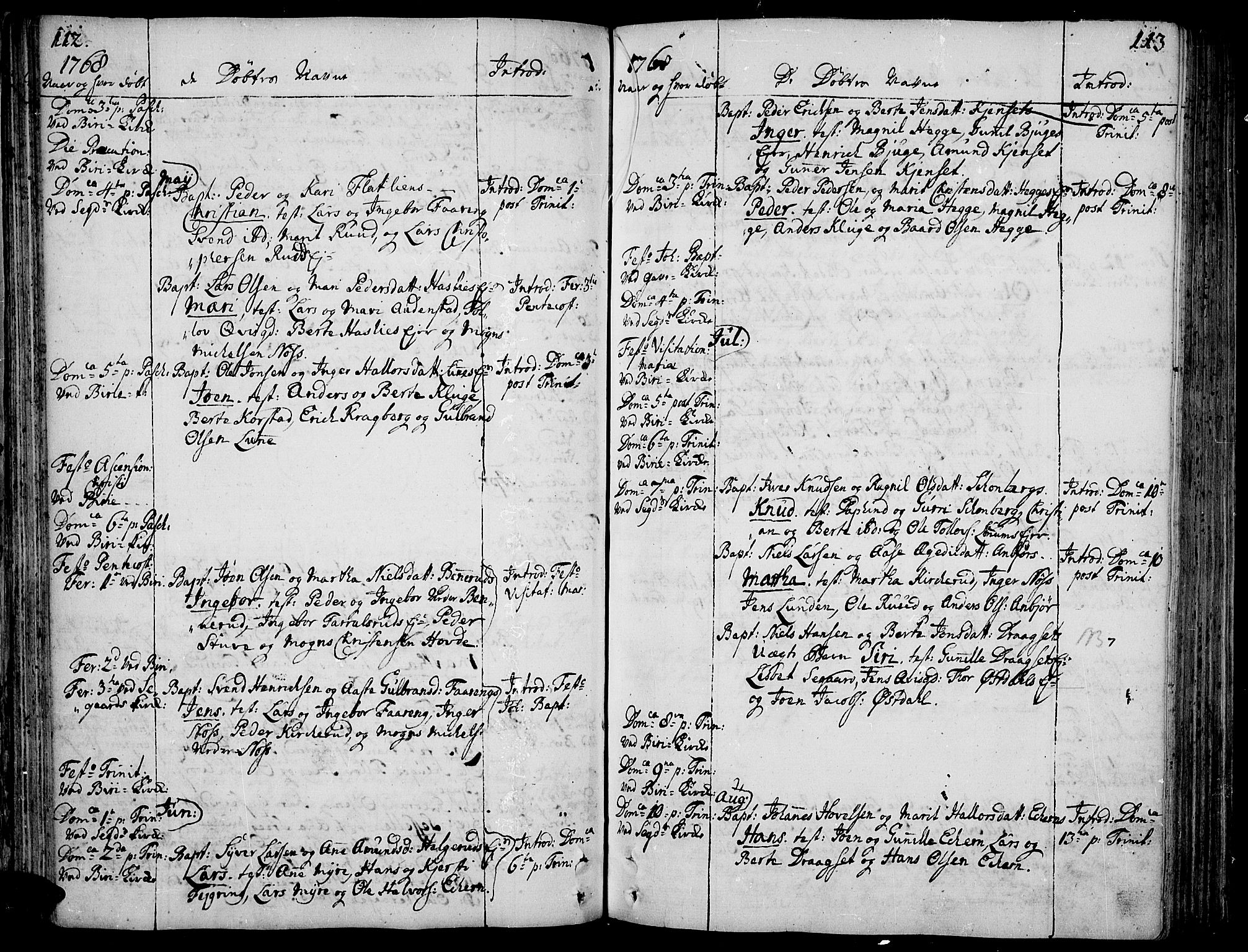 Biri prestekontor, AV/SAH-PREST-096/H/Ha/Haa/L0002: Parish register (official) no. 2, 1754-1789, p. 112-113