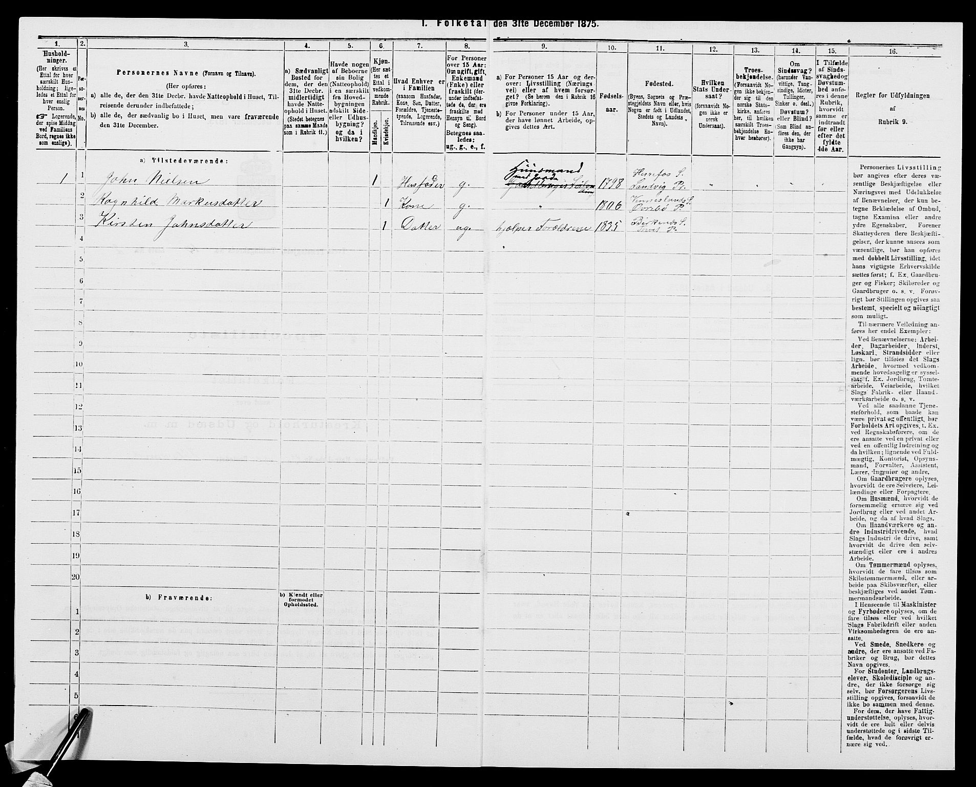 SAK, 1875 census for 1013P Tveit, 1875, p. 1188