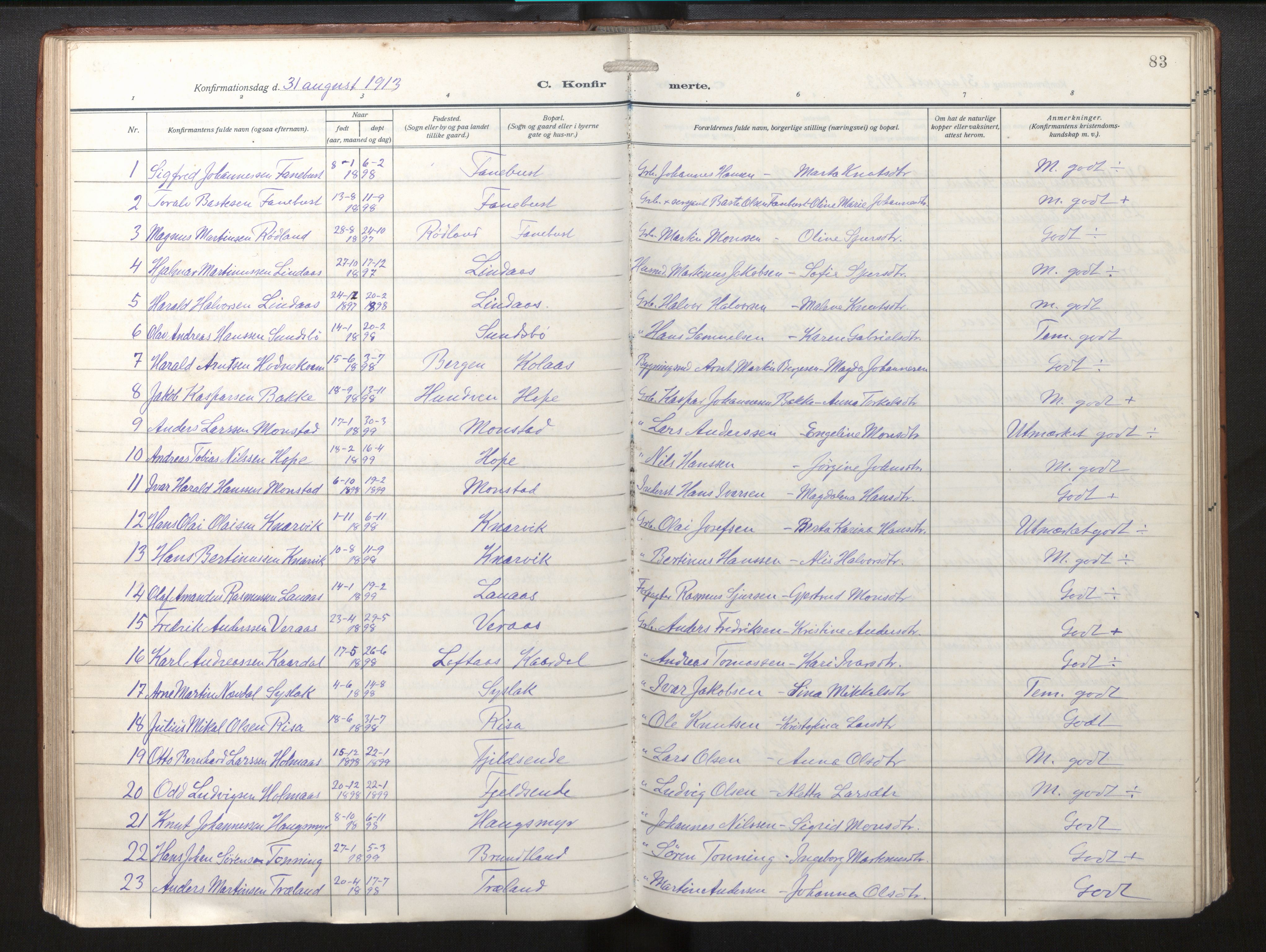 Lindås Sokneprestembete, SAB/A-76701/H/Haa/Haab/L0003: Parish register (official) no. B 3, 1912-1929, p. 83