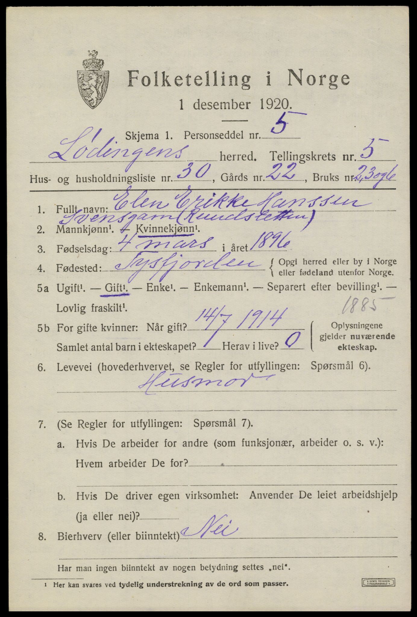 SAT, 1920 census for Lødingen, 1920, p. 3449