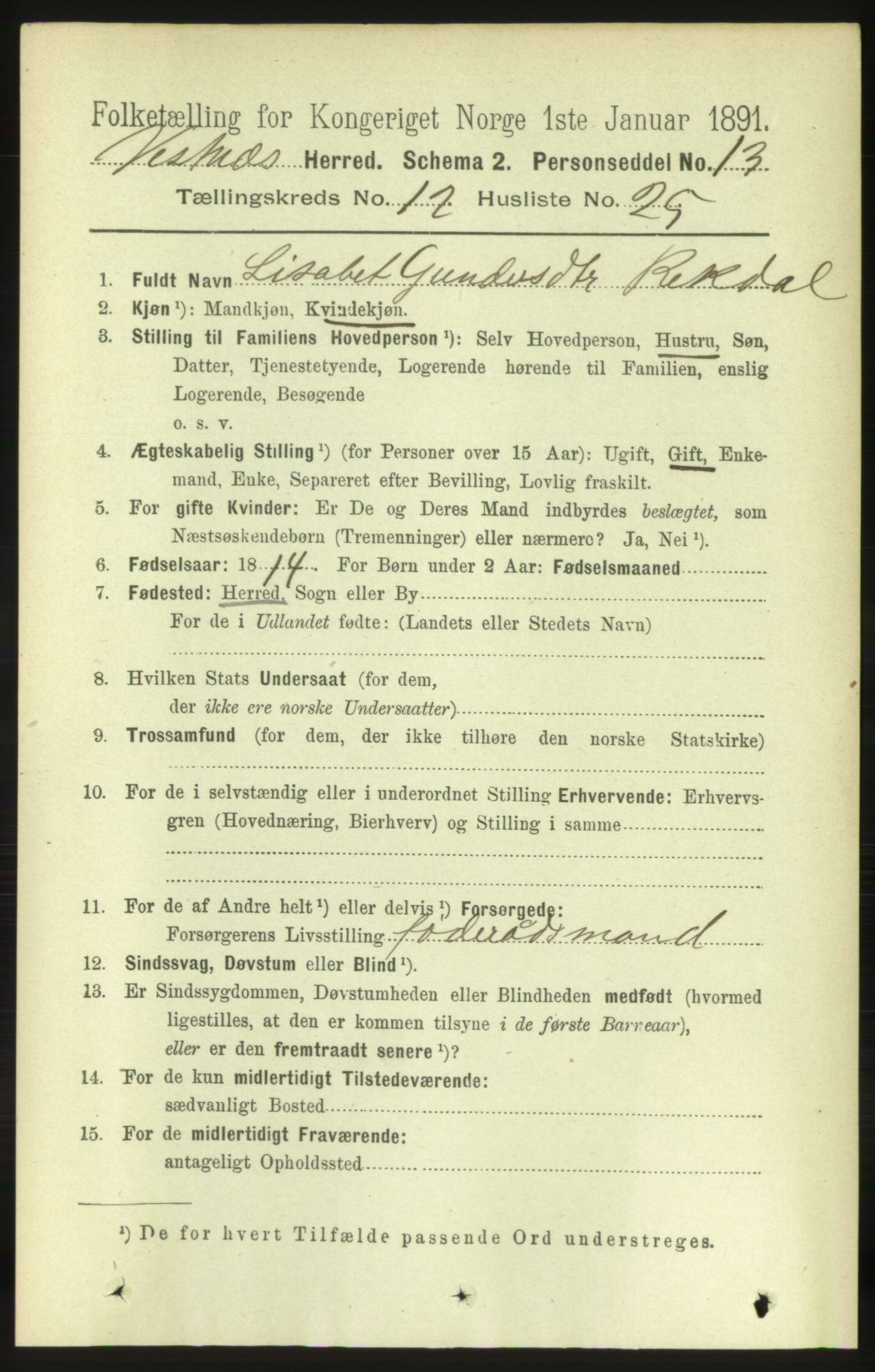 RA, 1891 census for 1535 Vestnes, 1891, p. 4563