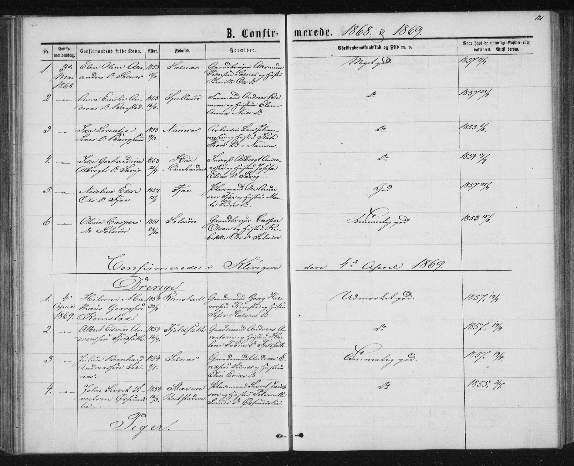 Ministerialprotokoller, klokkerbøker og fødselsregistre - Nord-Trøndelag, SAT/A-1458/768/L0570: Parish register (official) no. 768A05, 1865-1874, p. 121