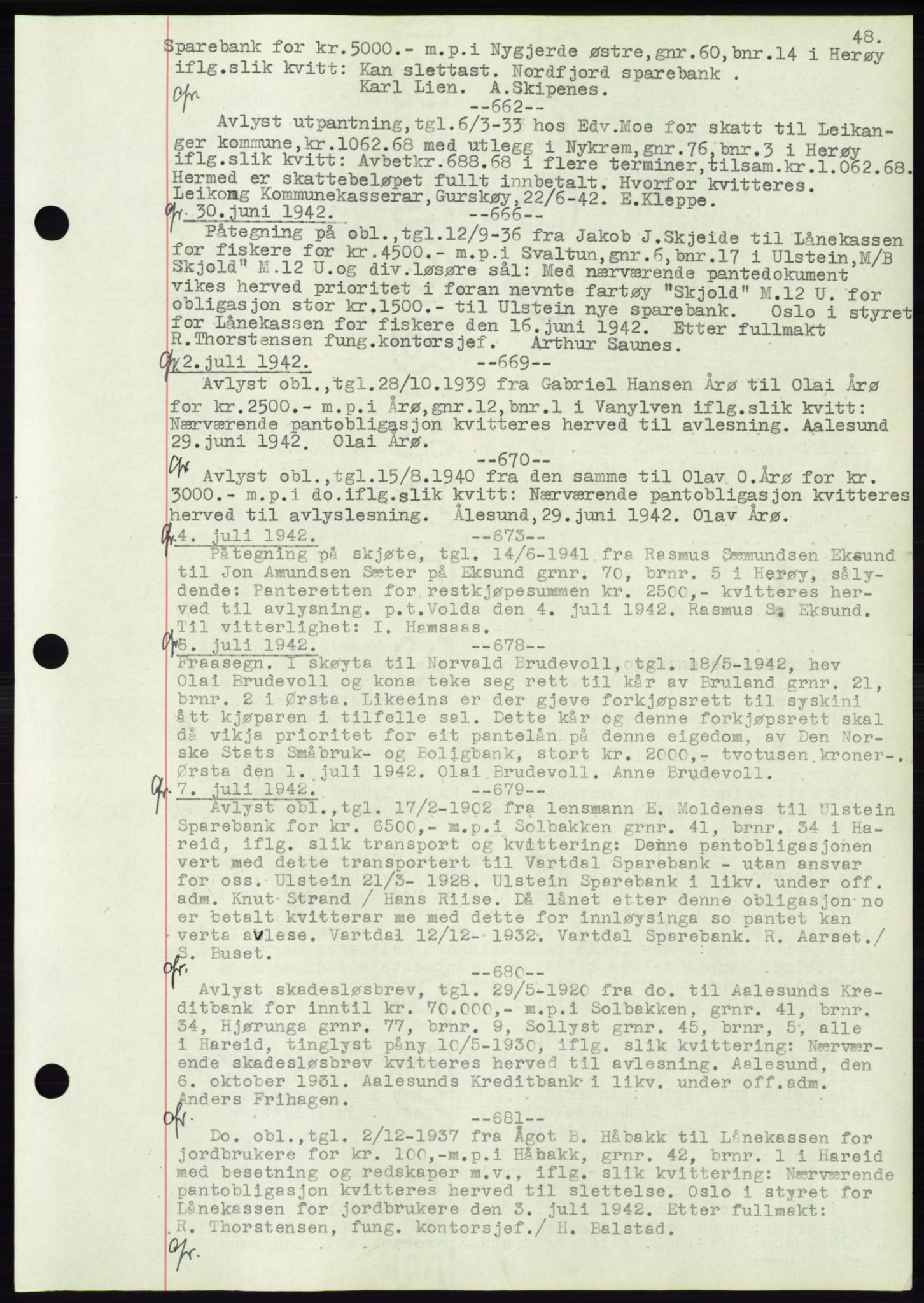 Søre Sunnmøre sorenskriveri, AV/SAT-A-4122/1/2/2C/L0072: Mortgage book no. 66, 1941-1955, Diary no: : 662/1942