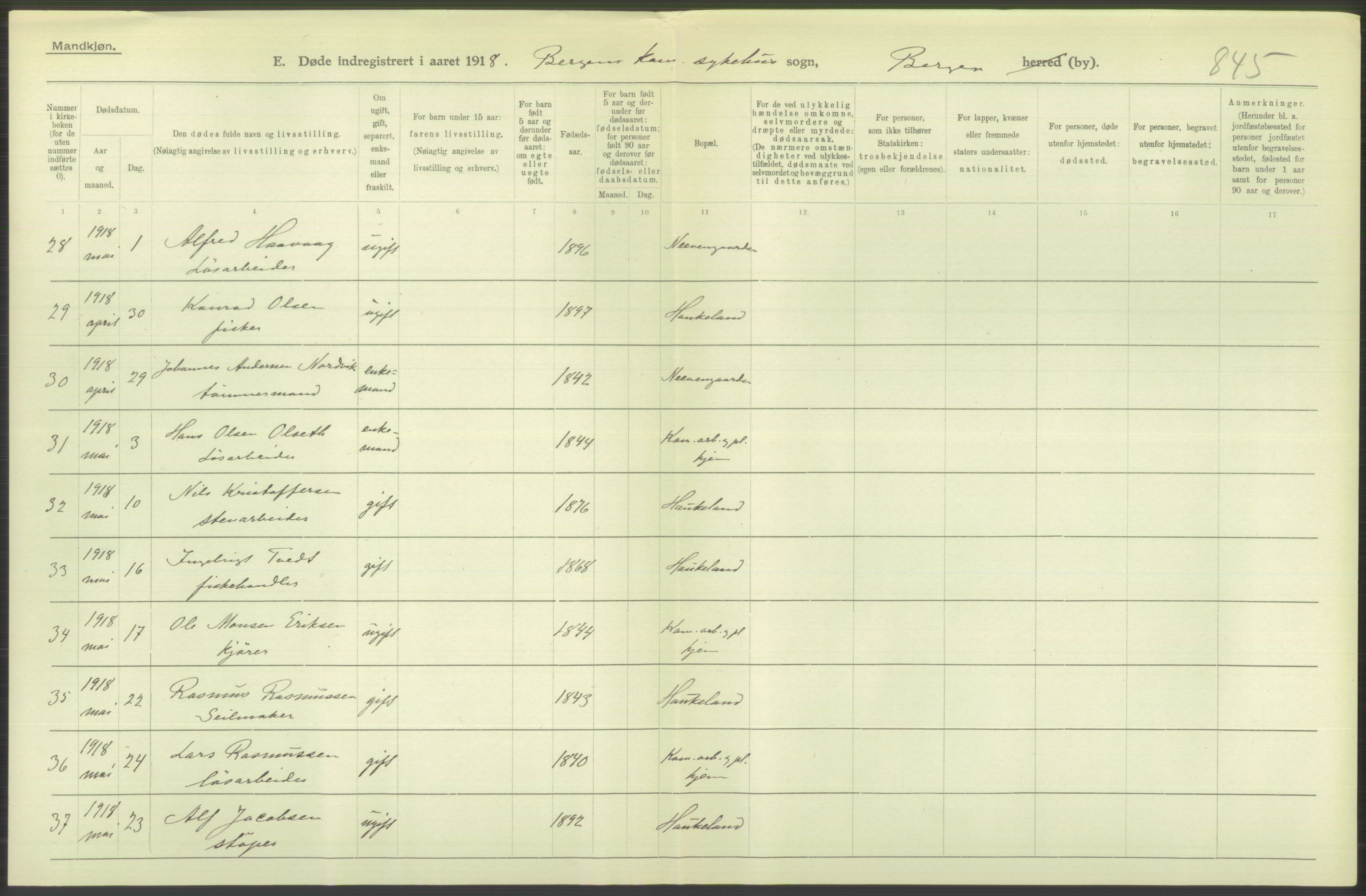 Statistisk sentralbyrå, Sosiodemografiske emner, Befolkning, RA/S-2228/D/Df/Dfb/Dfbh/L0039: Bergen: Døde., 1918, p. 202