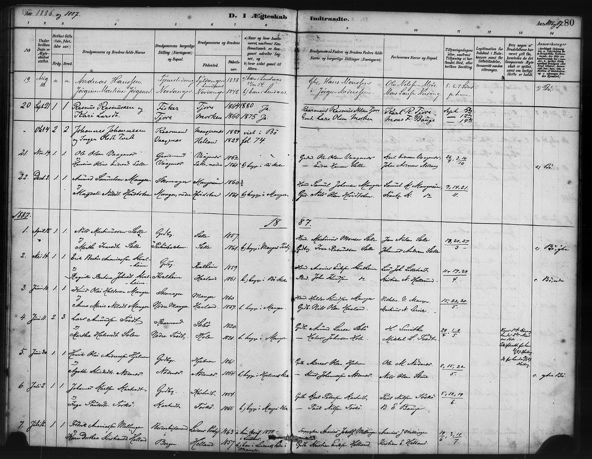 Manger sokneprestembete, SAB/A-76801/H/Haa: Parish register (official) no. B 1, 1881-1892, p. 80