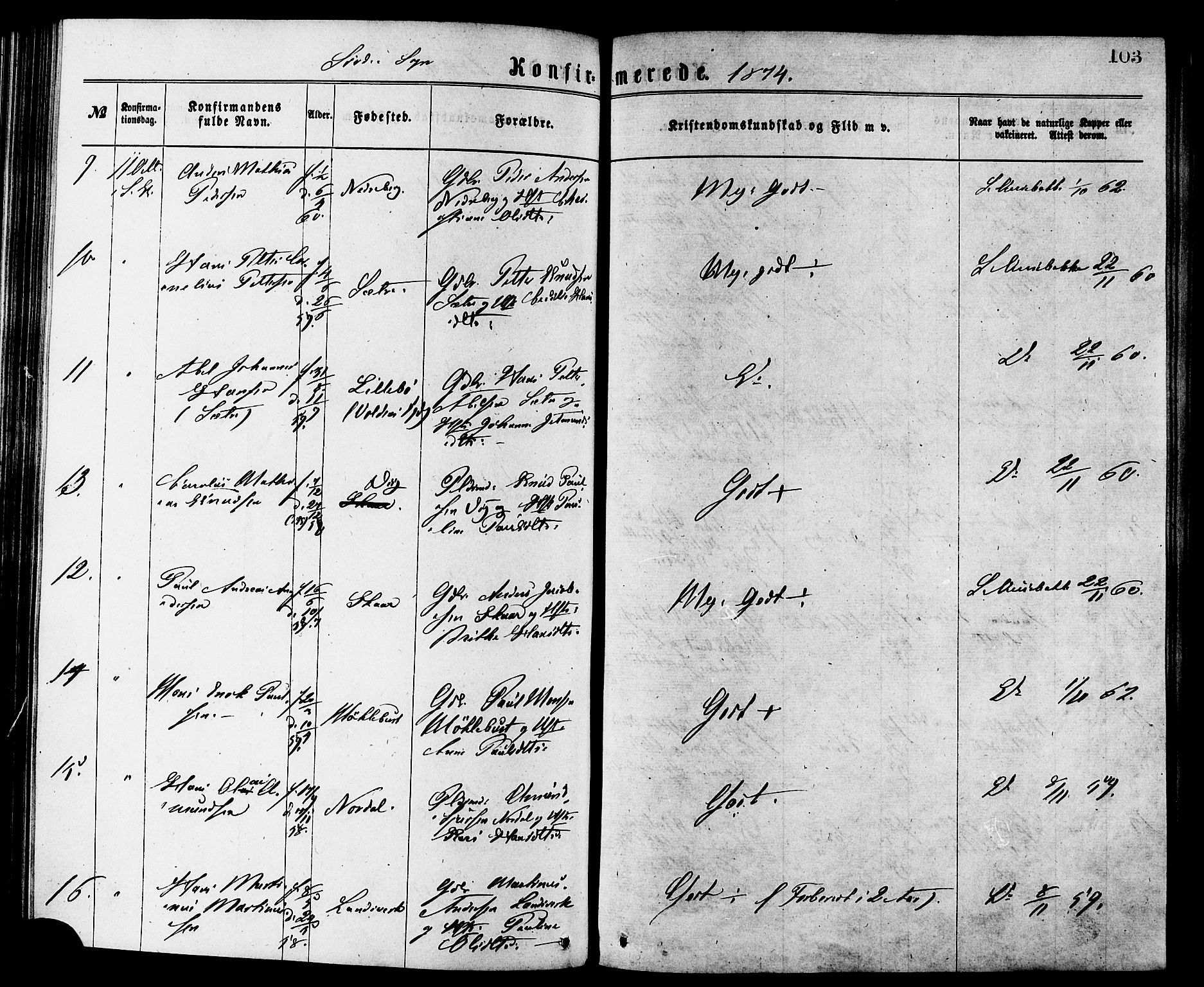 Ministerialprotokoller, klokkerbøker og fødselsregistre - Møre og Romsdal, AV/SAT-A-1454/502/L0024: Parish register (official) no. 502A02, 1873-1884, p. 103