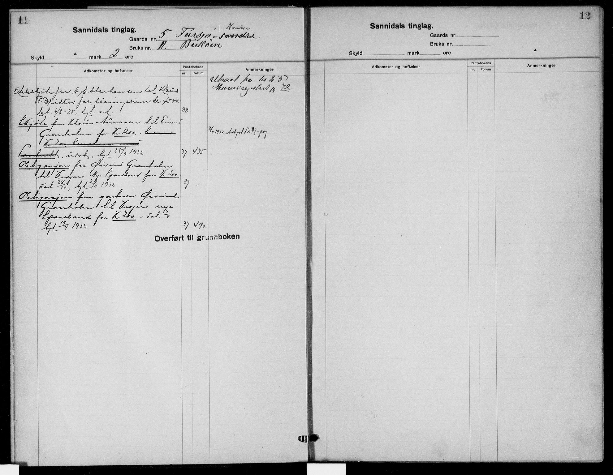 Kragerø sorenskriveri, SAKO/A-65/G/Gb/Gbb/L0003: Mortgage register no. II 3, p. 11-12