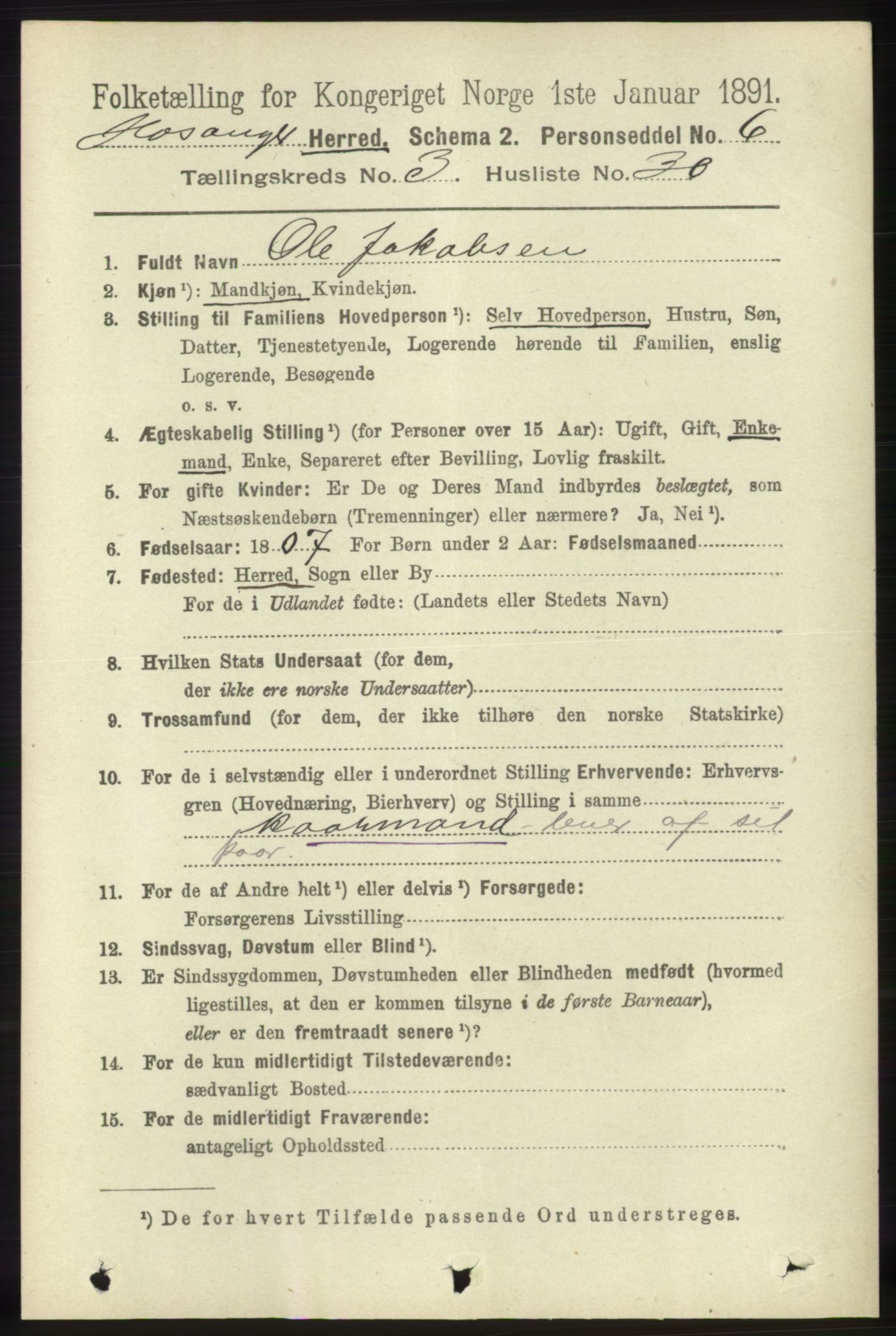 RA, 1891 census for 1253 Hosanger, 1891, p. 1220