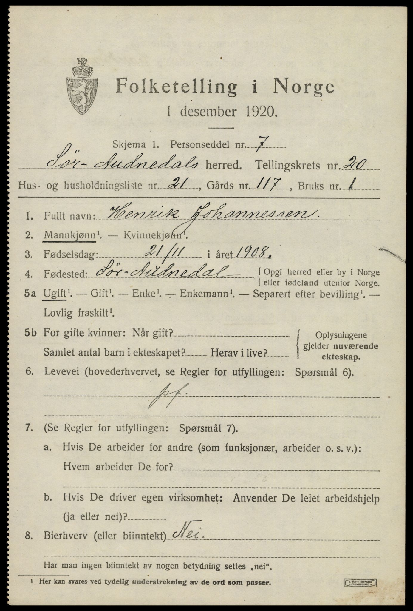 SAK, 1920 census for Sør-Audnedal, 1920, p. 6925