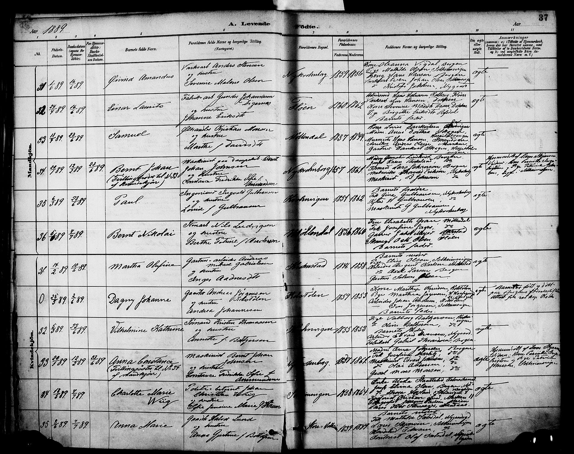 Årstad Sokneprestembete, AV/SAB-A-79301/H/Haa/L0001: Parish register (official) no. A 1, 1886-1901, p. 37