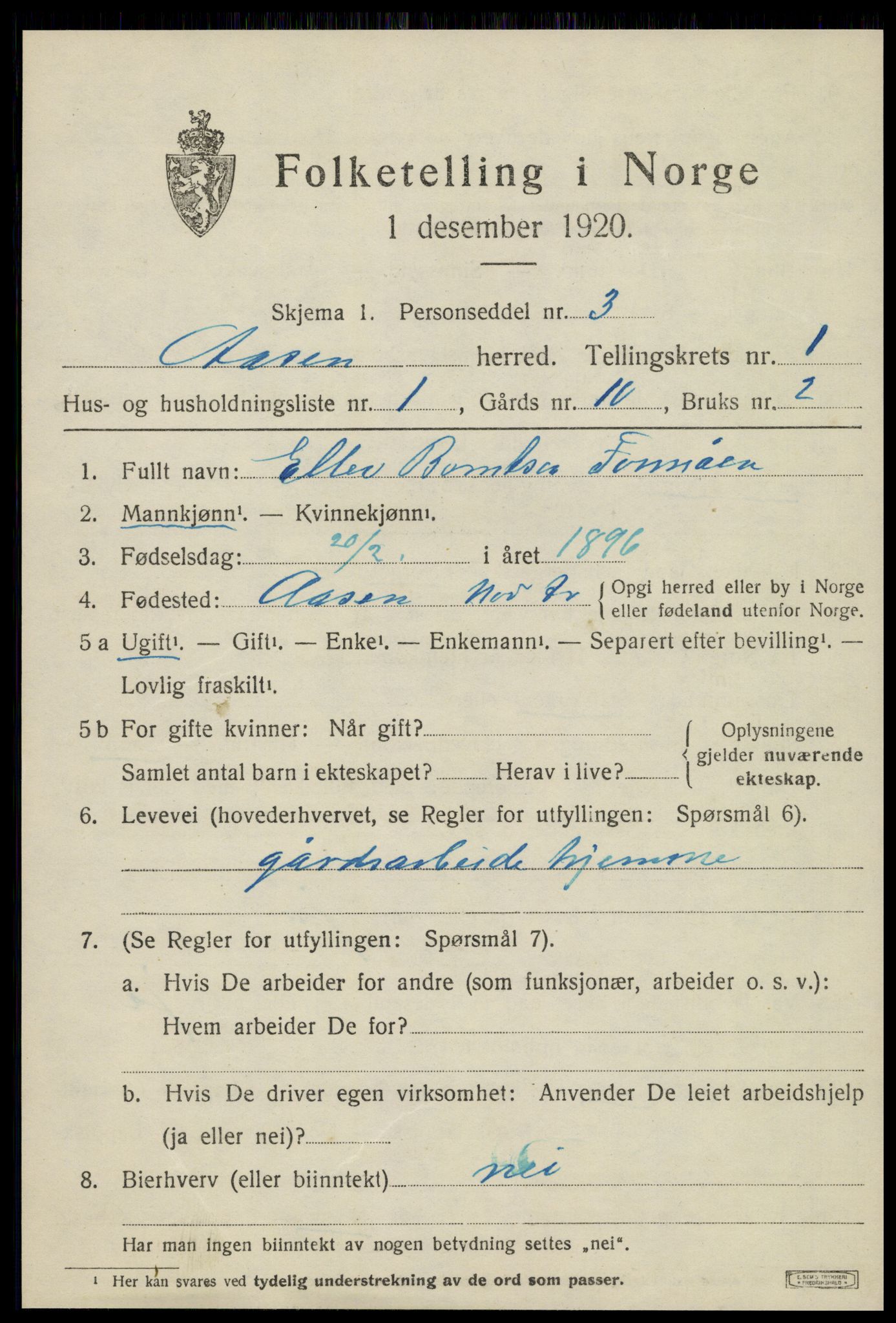 SAT, 1920 census for Åsen, 1920, p. 760