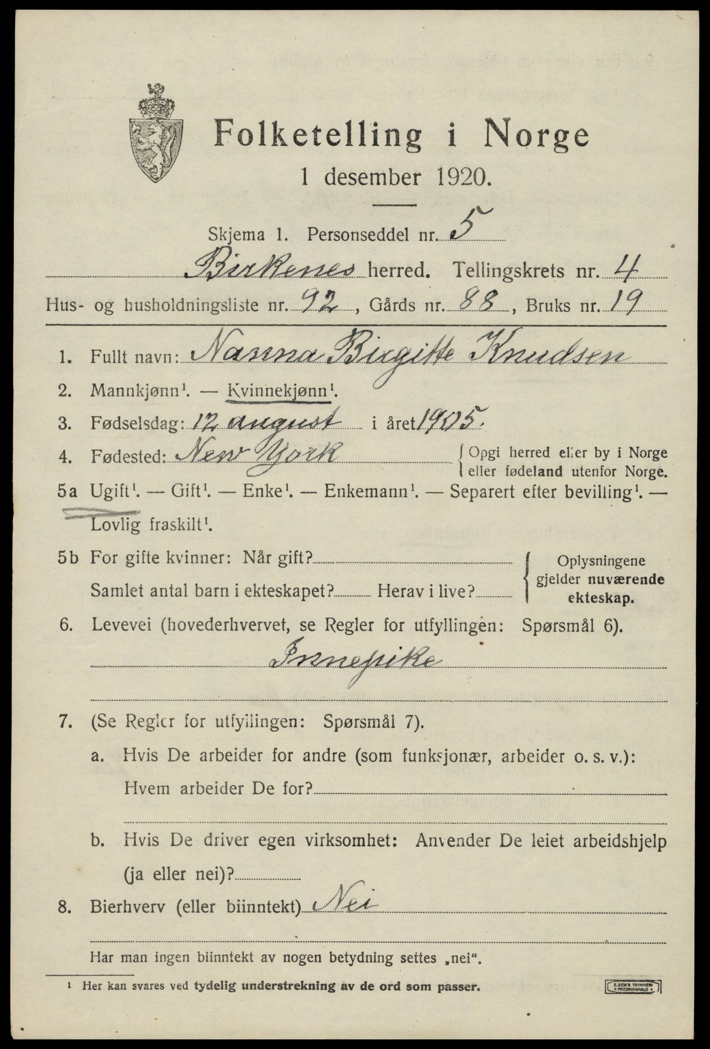 SAK, 1920 census for Birkenes, 1920, p. 3001