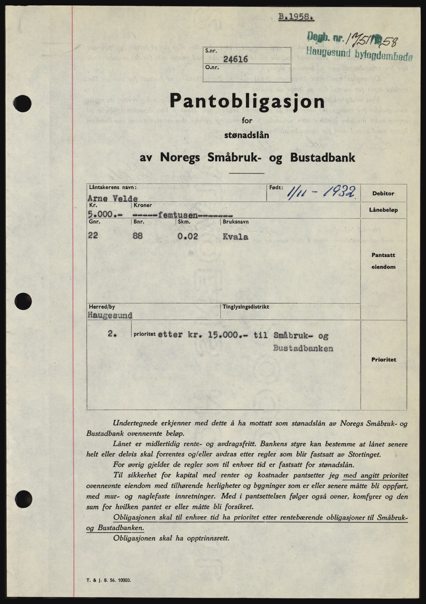 Haugesund tingrett, SAST/A-101415/01/II/IIC/L0044: Mortgage book no. B 44, 1958-1959, Diary no: : 1751/1958