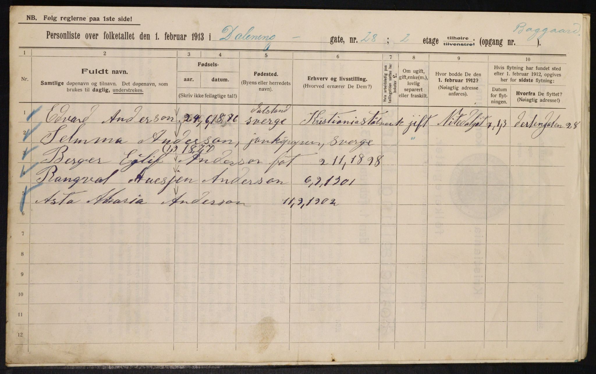 OBA, Municipal Census 1913 for Kristiania, 1913, p. 17625