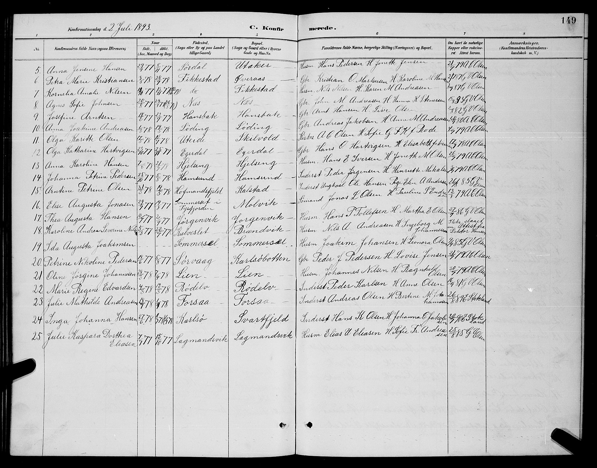 Ministerialprotokoller, klokkerbøker og fødselsregistre - Nordland, SAT/A-1459/859/L0859: Parish register (copy) no. 859C05, 1887-1898, p. 149