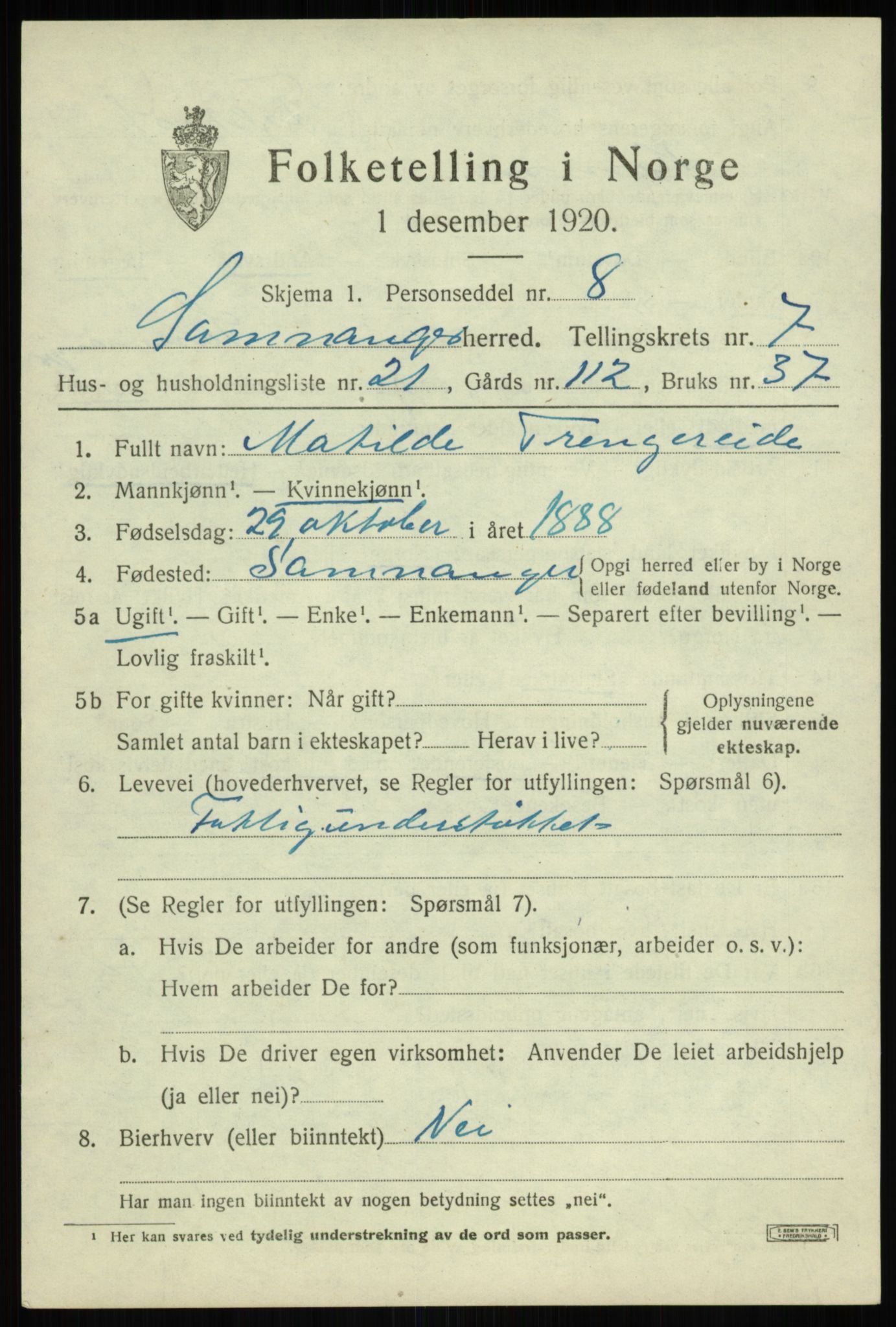 SAB, 1920 census for Samnanger, 1920, p. 3421