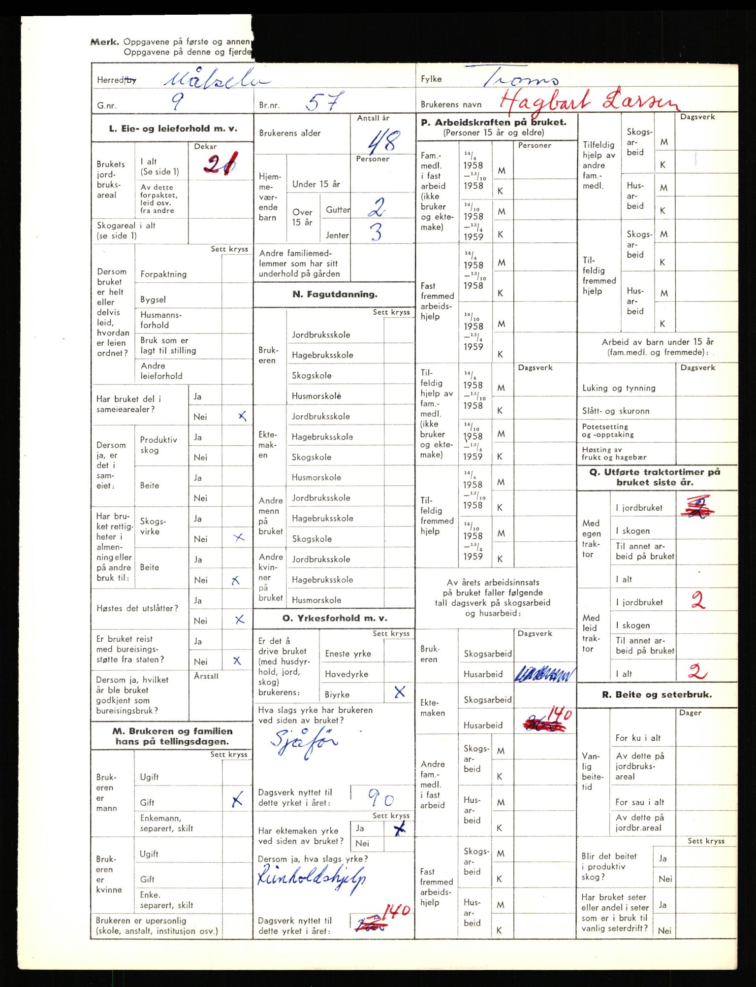 Statistisk sentralbyrå, Næringsøkonomiske emner, Jordbruk, skogbruk, jakt, fiske og fangst, AV/RA-S-2234/G/Gd/L0655: Troms: 1924 Målselv (kl. 4-10), 1959, p. 1233