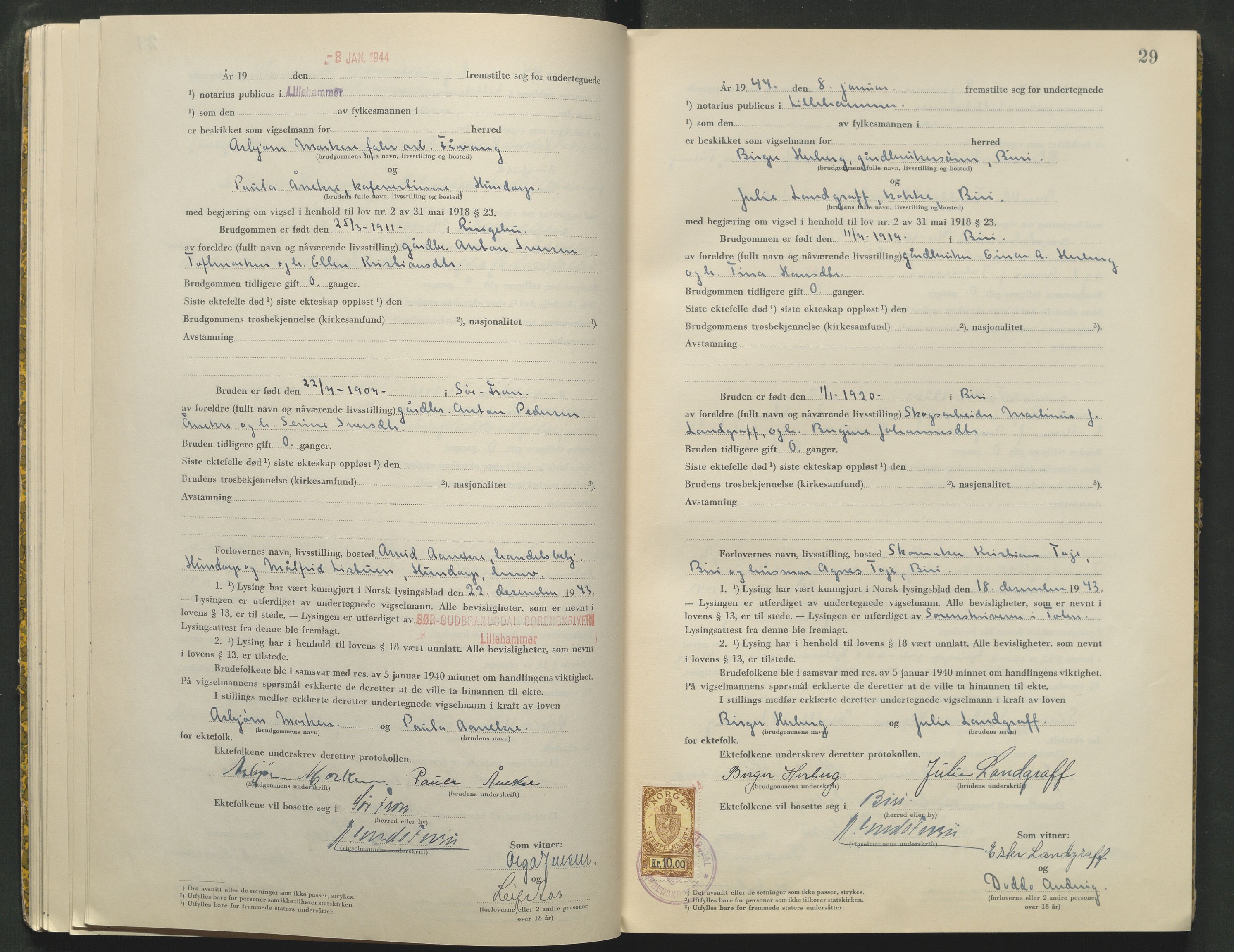 Sør-Gudbrandsdal tingrett, AV/SAH-TING-004/L/Lc/L0004: Vigselsprotokoll, 1943-1944, p. 29