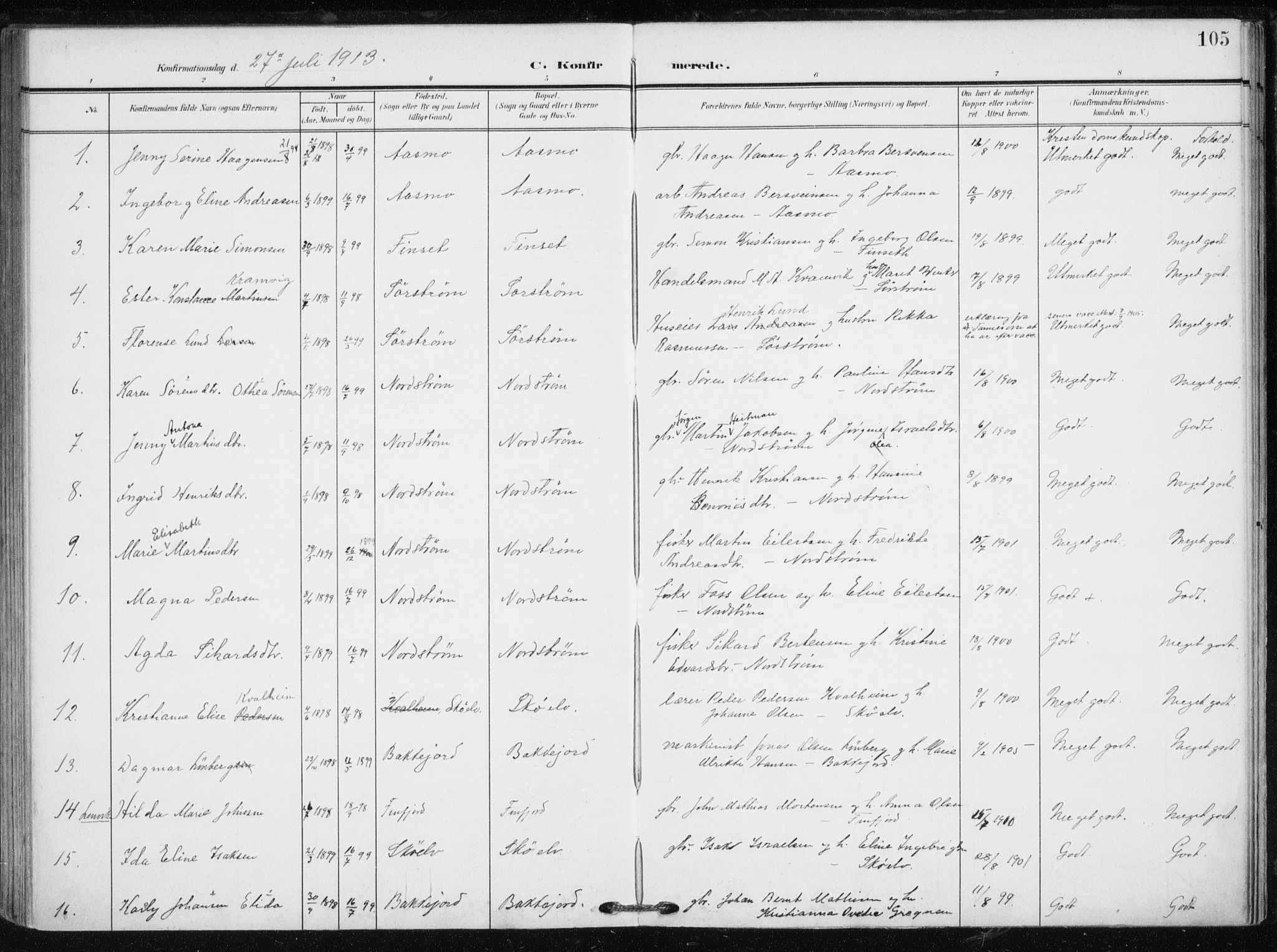 Tranøy sokneprestkontor, SATØ/S-1313/I/Ia/Iaa/L0012kirke: Parish register (official) no. 12, 1905-1918, p. 105