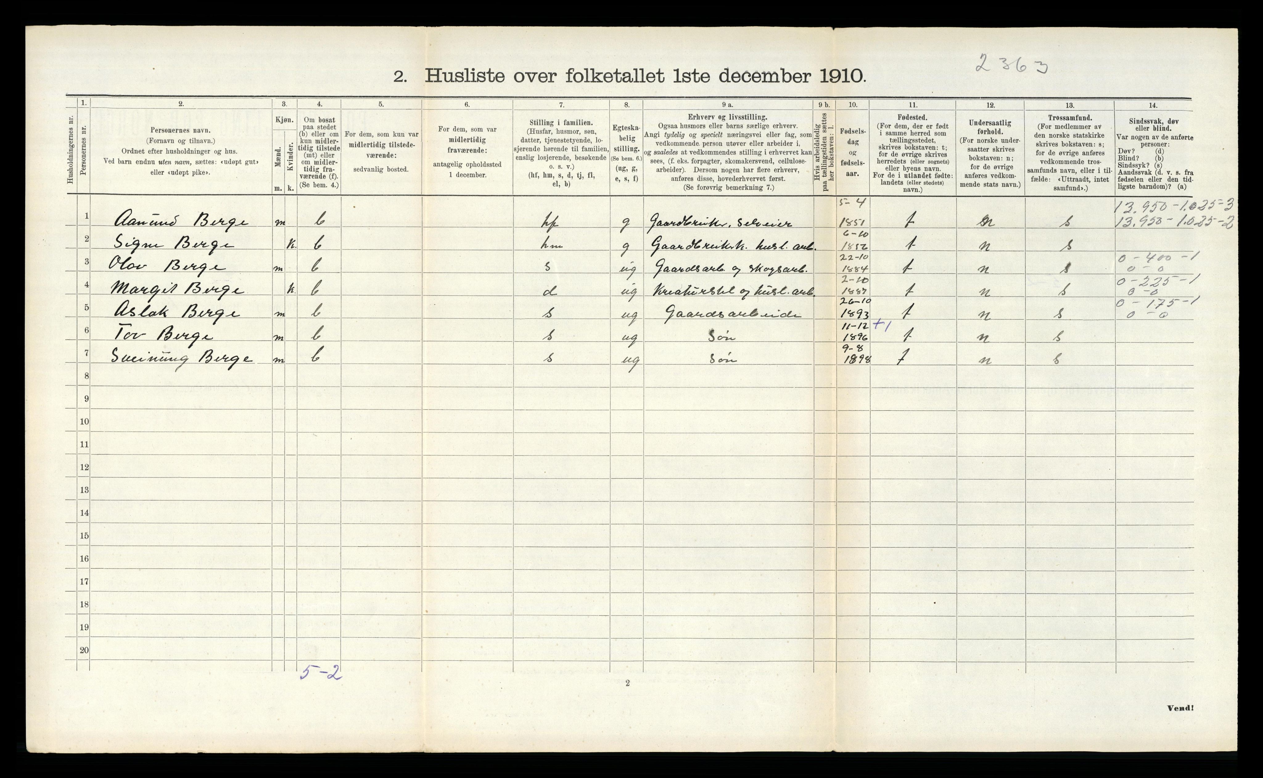 RA, 1910 census for Vinje, 1910, p. 153