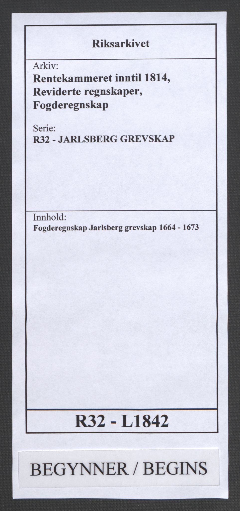 Rentekammeret inntil 1814, Reviderte regnskaper, Fogderegnskap, RA/EA-4092/R32/L1842: Fogderegnskap Jarlsberg grevskap, 1664-1673, p. 1