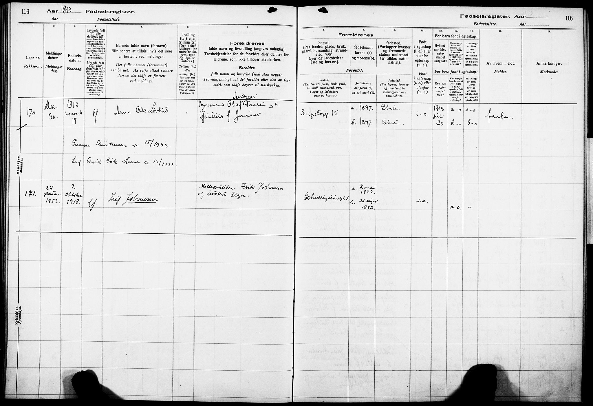 Skien kirkebøker, AV/SAKO-A-302/J/Ja/L0001: Birth register no. 1, 1916-1920, p. 116