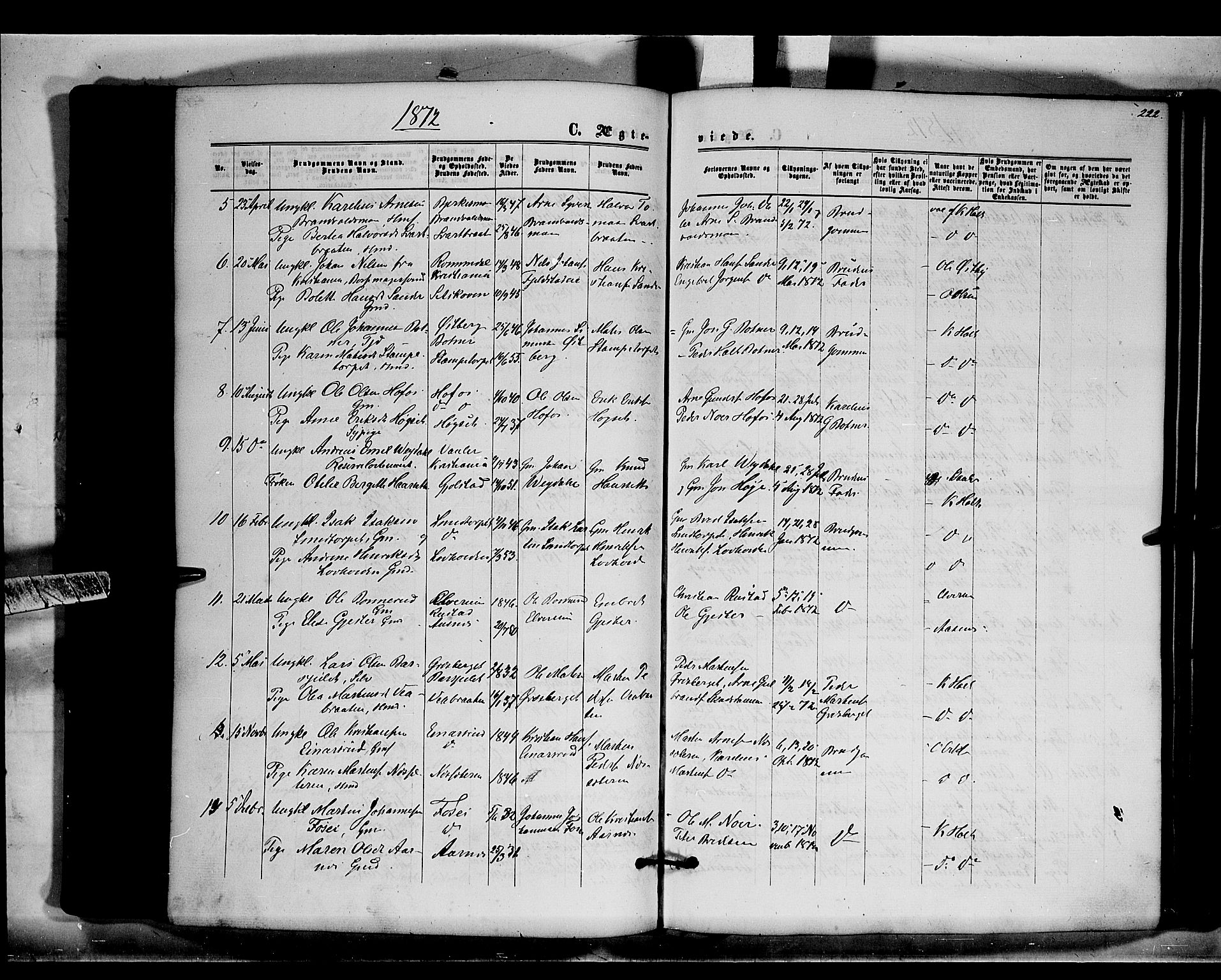 Brandval prestekontor, SAH/PREST-034/H/Ha/Haa/L0001: Parish register (official) no. 1, 1864-1879, p. 222