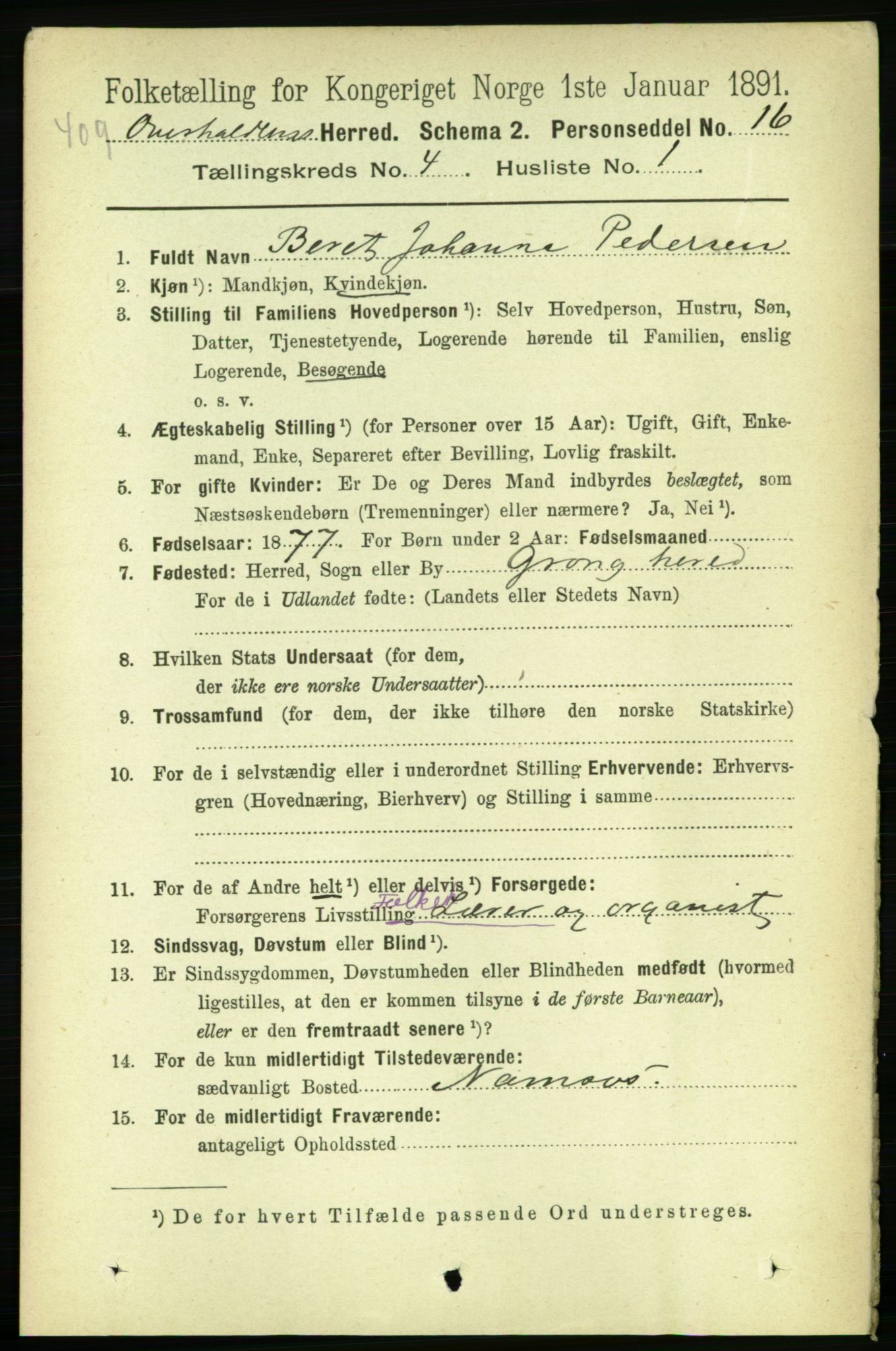RA, 1891 census for 1744 Overhalla, 1891, p. 1113
