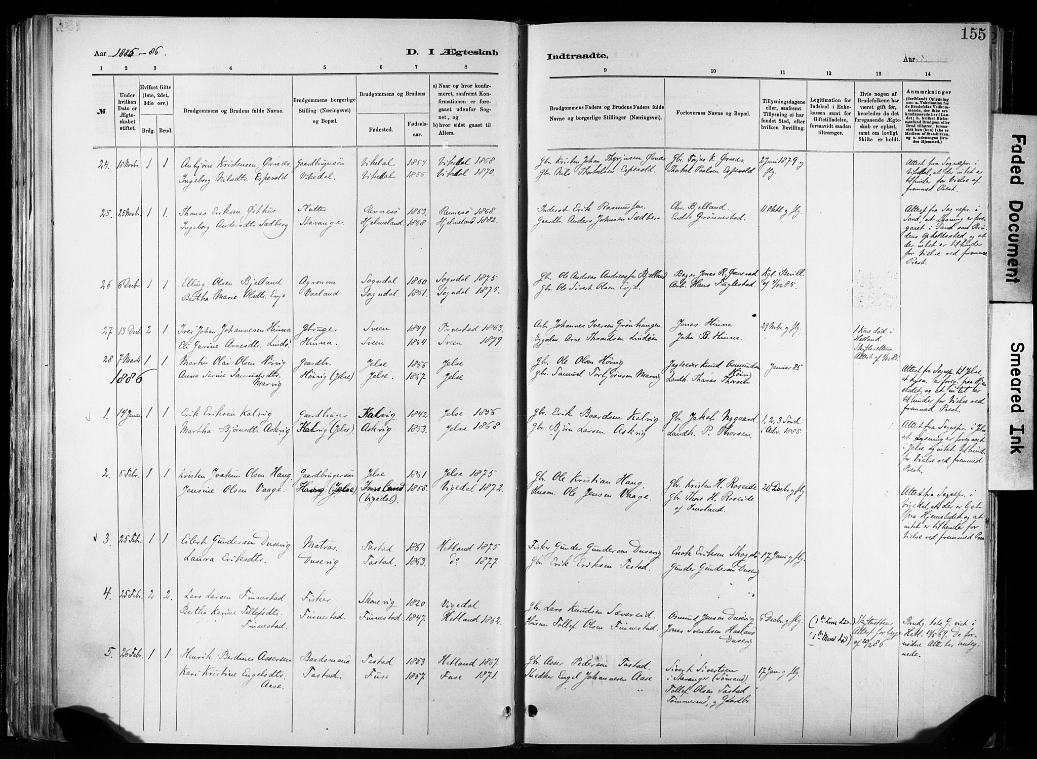 Hetland sokneprestkontor, SAST/A-101826/30/30BA/L0011: Parish register (official) no. A 11, 1884-1911, p. 155