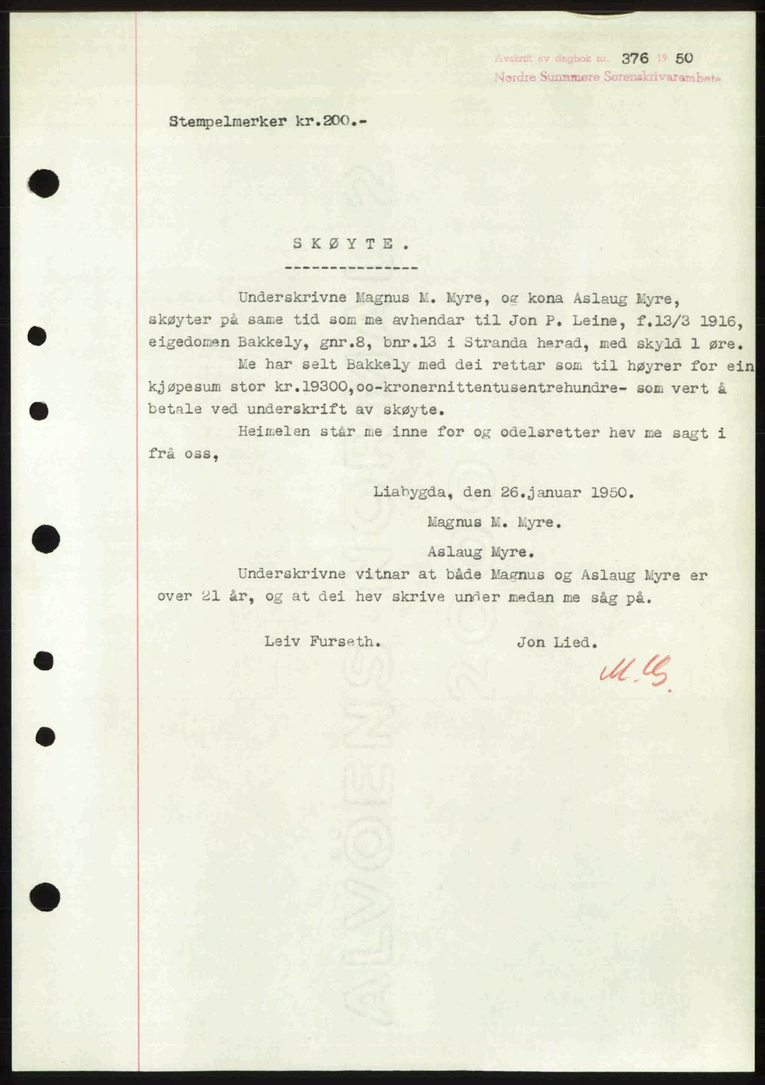 Nordre Sunnmøre sorenskriveri, AV/SAT-A-0006/1/2/2C/2Ca: Mortgage book no. A33, 1949-1950, Diary no: : 376/1950