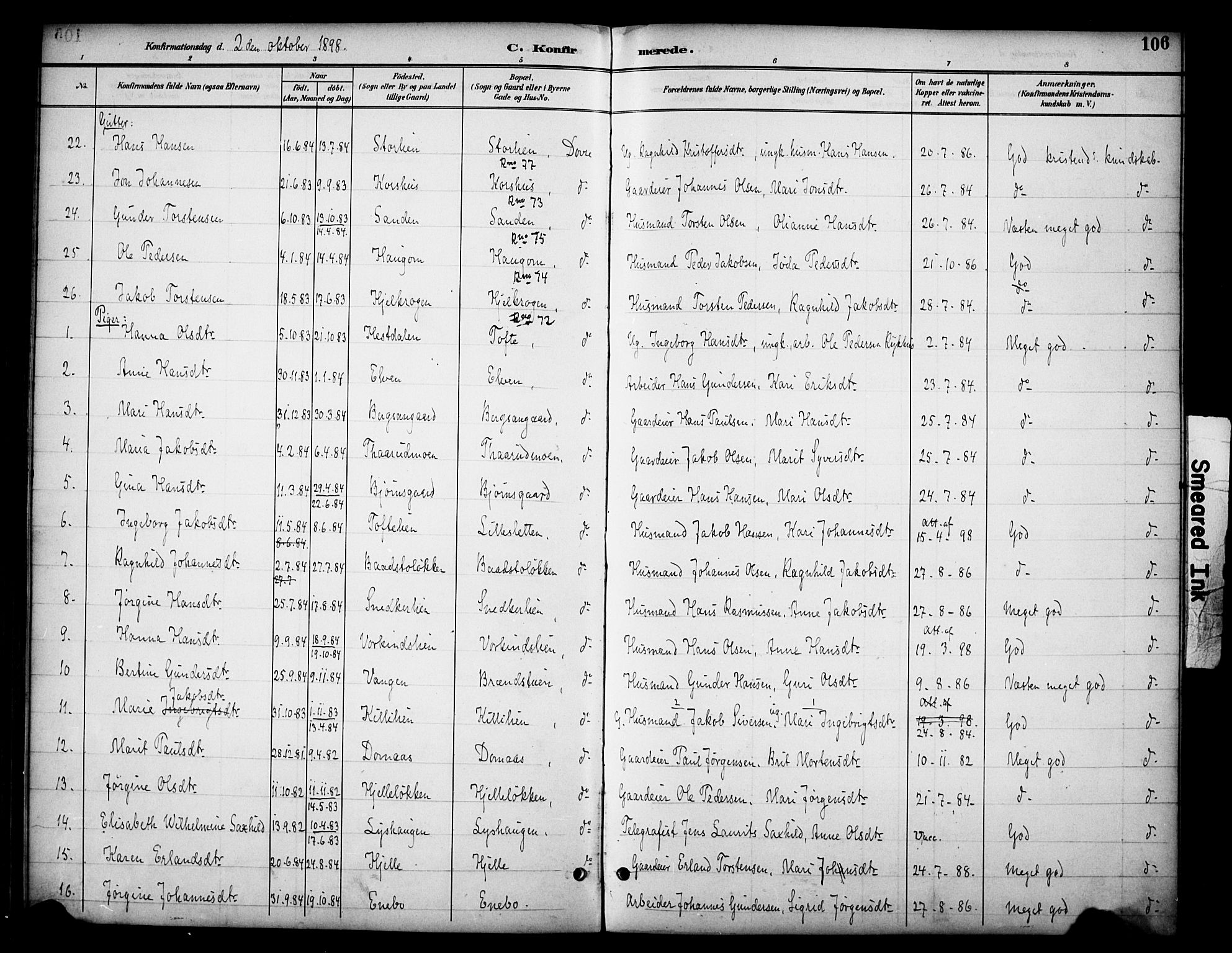 Dovre prestekontor, SAH/PREST-066/H/Ha/Haa/L0003: Parish register (official) no. 3, 1891-1901, p. 106