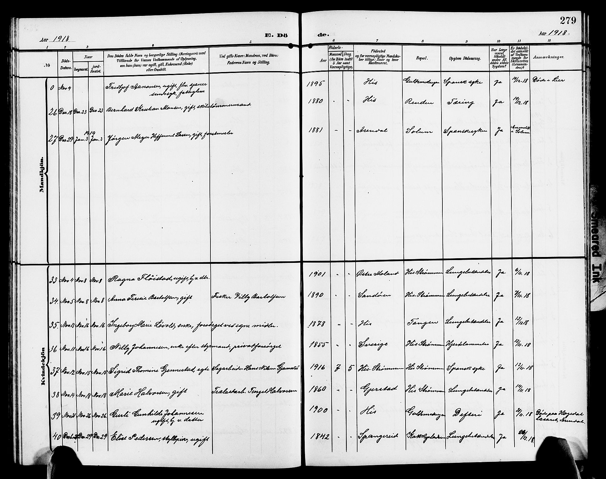 Hisøy sokneprestkontor, AV/SAK-1111-0020/F/Fb/L0004: Parish register (copy) no. B 4, 1905-1923, p. 279