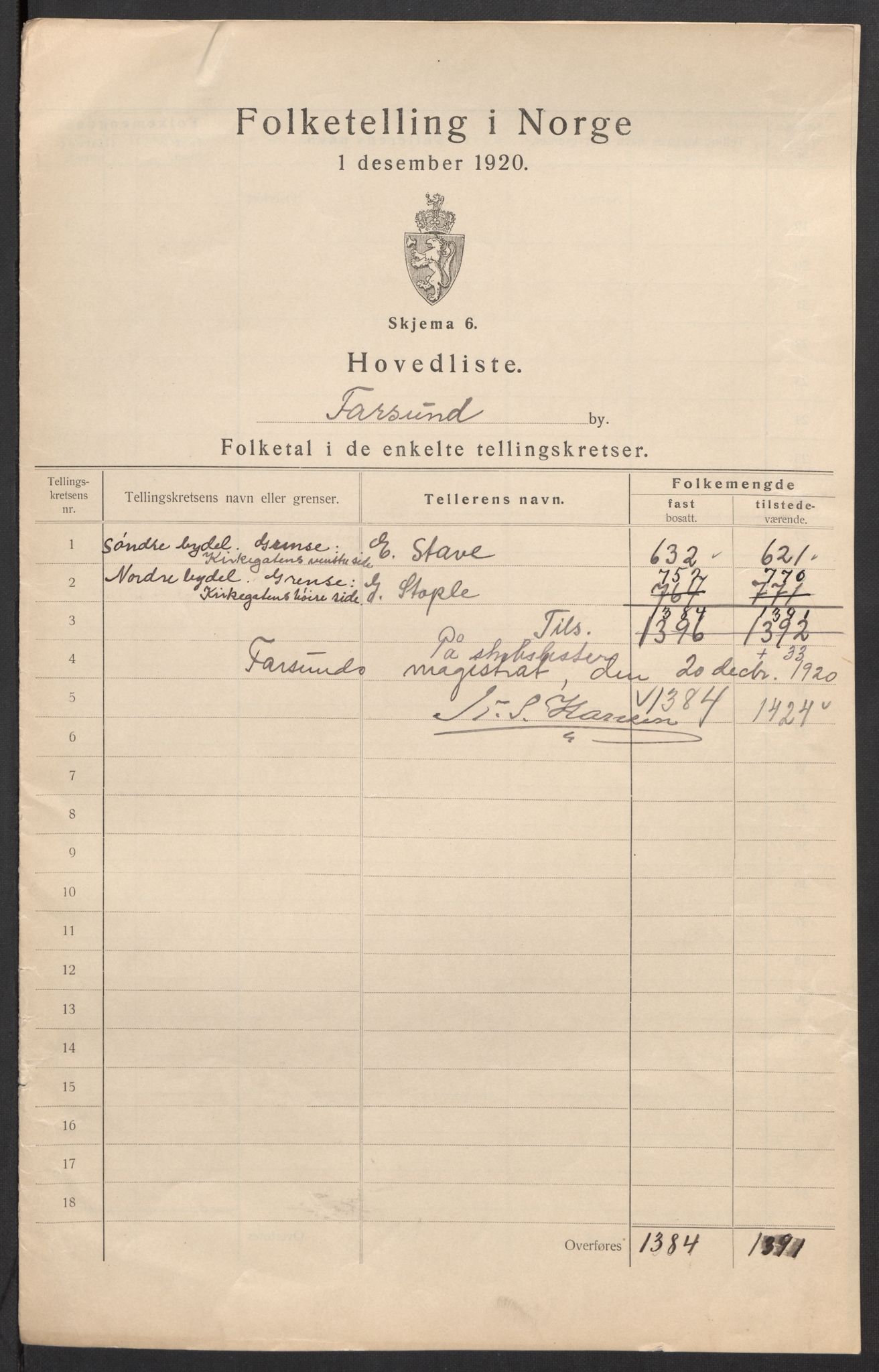 SAK, 1920 census for Farsund, 1920, p. 3