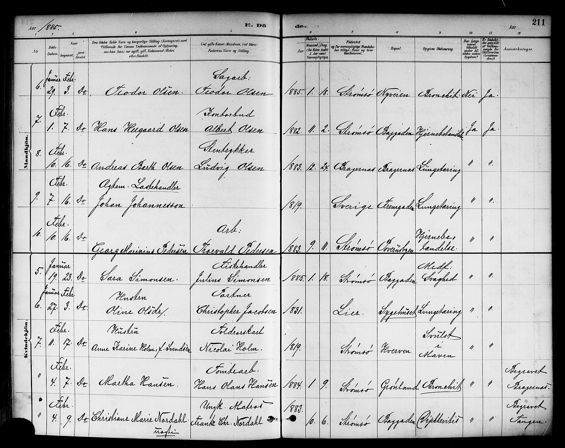 Strømsø kirkebøker, AV/SAKO-A-246/F/Fa/L0023: Parish register (official) no. I 23, 1885-1894, p. 211