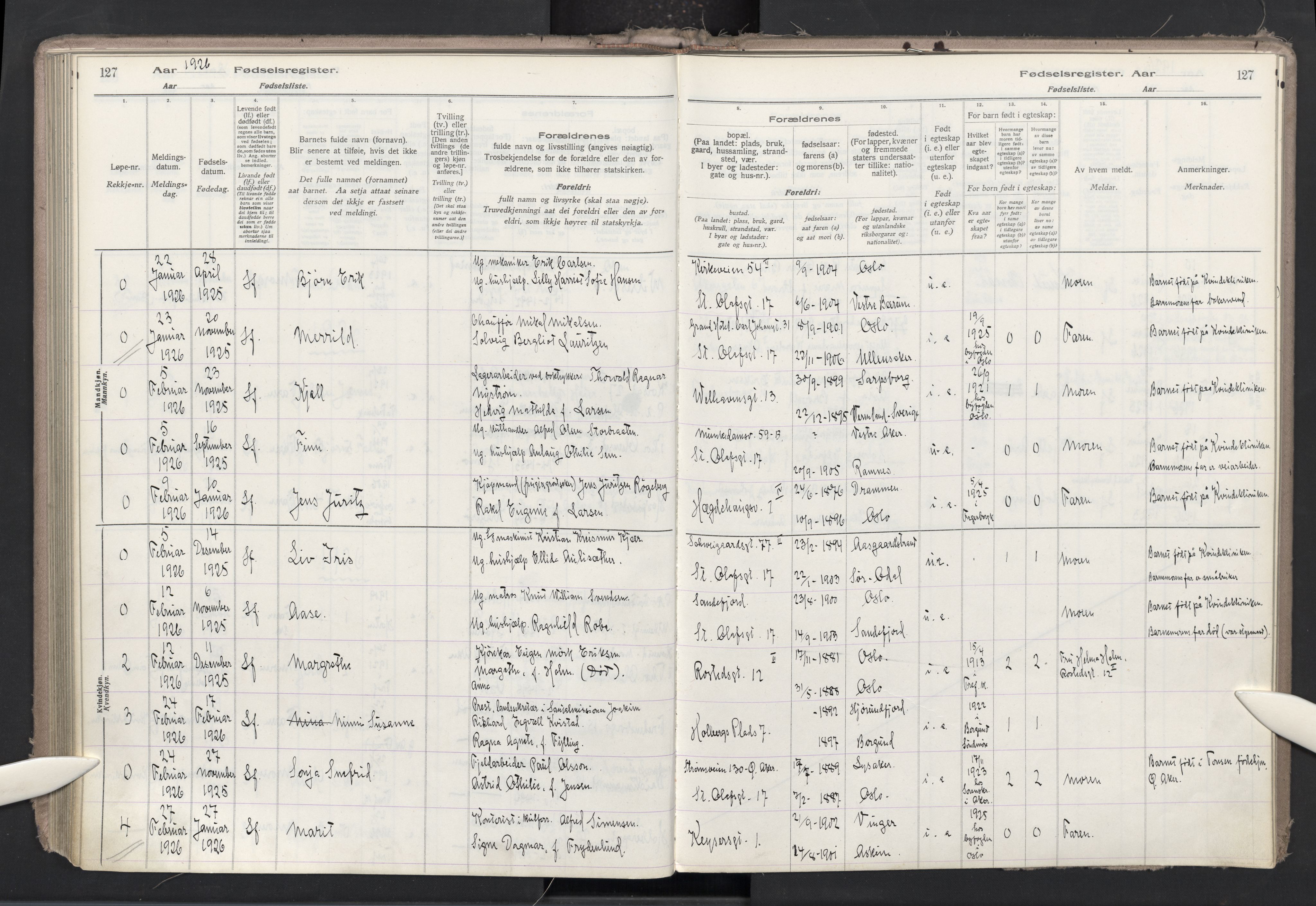 Trefoldighet prestekontor Kirkebøker, SAO/A-10882/J/Ja/L0001: Birth register no. 1, 1916-1931, p. 127