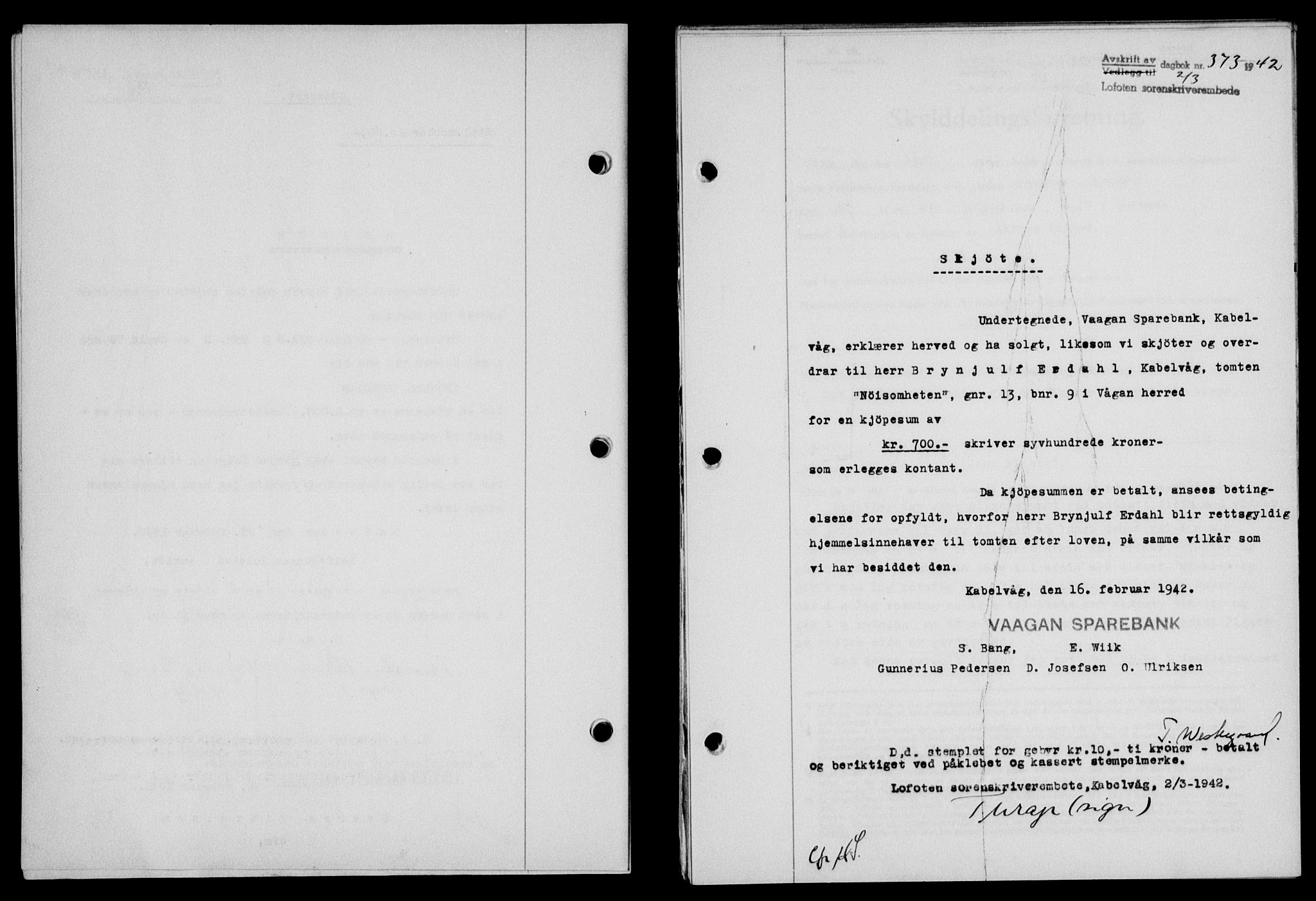 Lofoten sorenskriveri, SAT/A-0017/1/2/2C/L0009a: Mortgage book no. 9a, 1941-1942, Diary no: : 373/1942