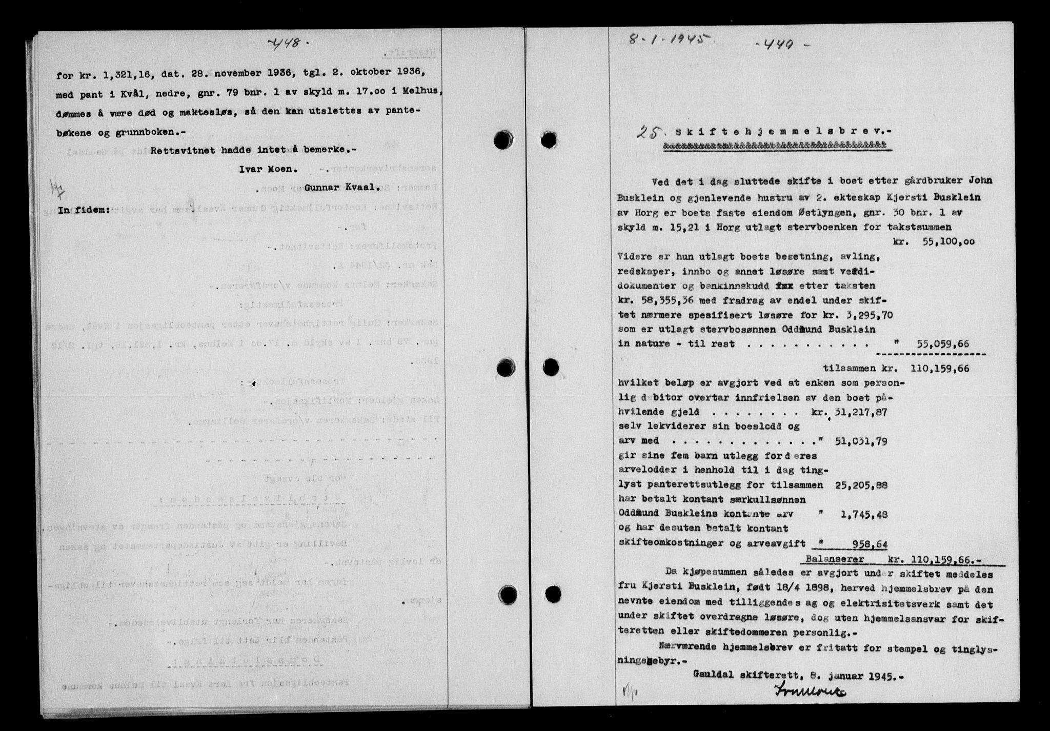 Gauldal sorenskriveri, SAT/A-0014/1/2/2C/L0058: Mortgage book no. 63, 1944-1945, Diary no: : 25/1945