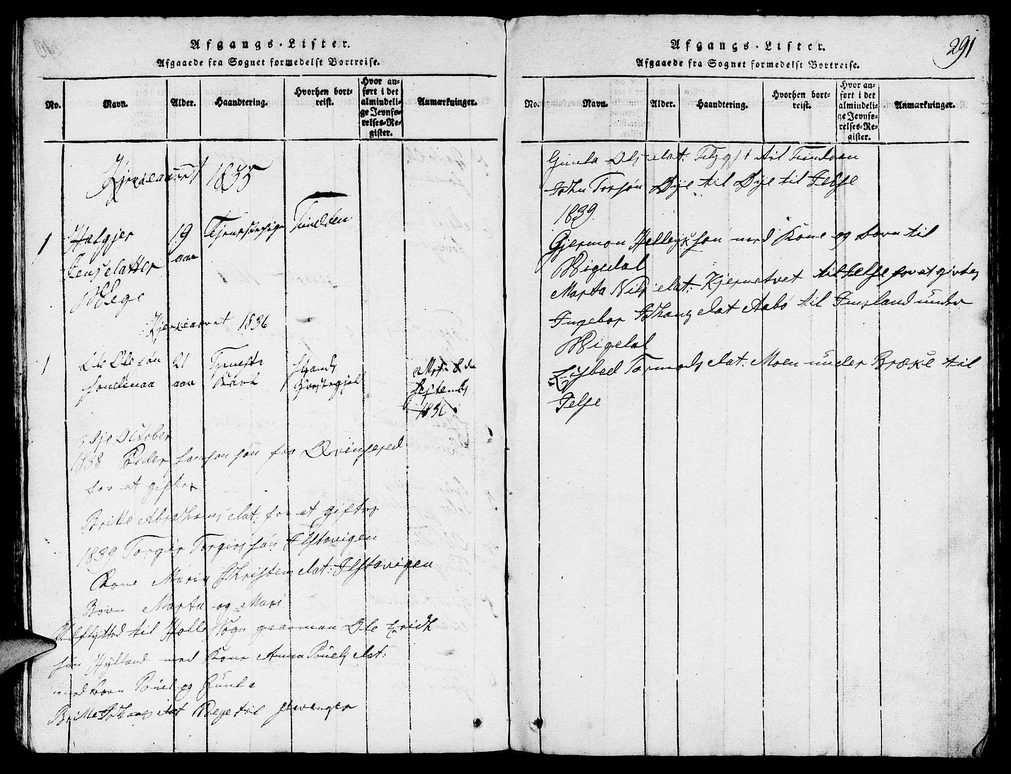Suldal sokneprestkontor, SAST/A-101845/01/V/L0002: Parish register (copy) no. B 2, 1816-1845, p. 291
