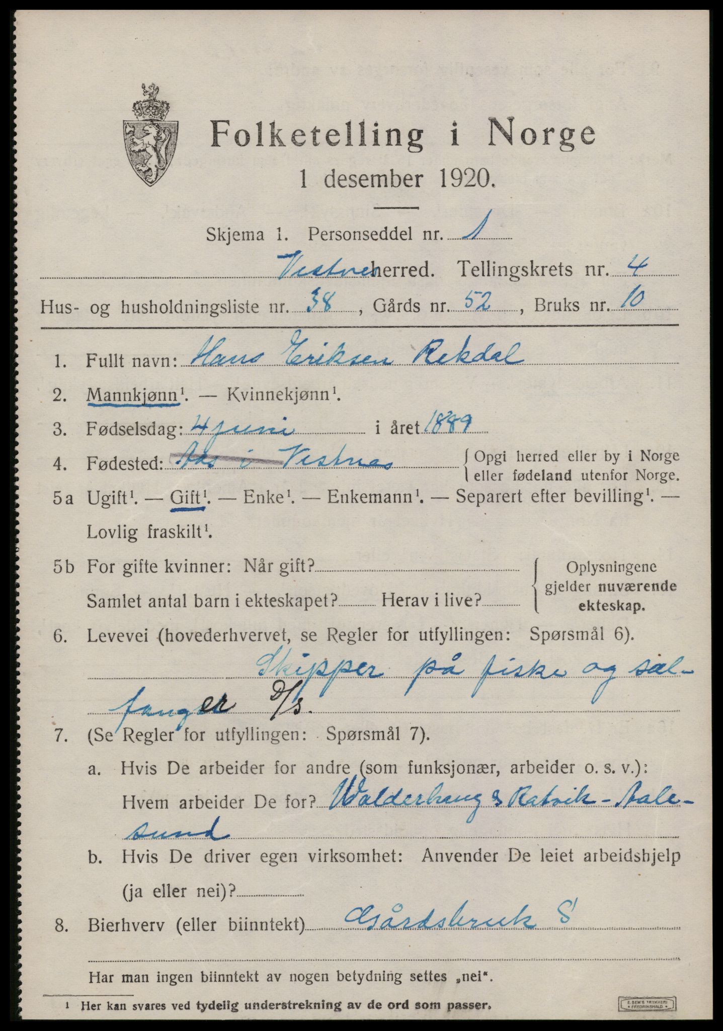 SAT, 1920 census for Vestnes, 1920, p. 3731