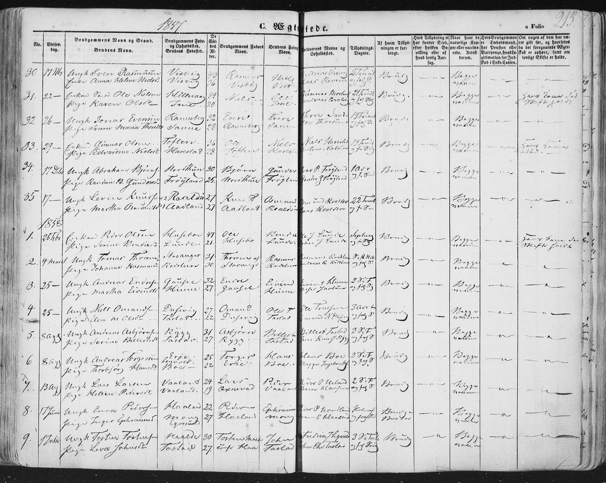 Hetland sokneprestkontor, AV/SAST-A-101826/30/30BA/L0002: Parish register (official) no. A 2, 1849-1869, p. 213