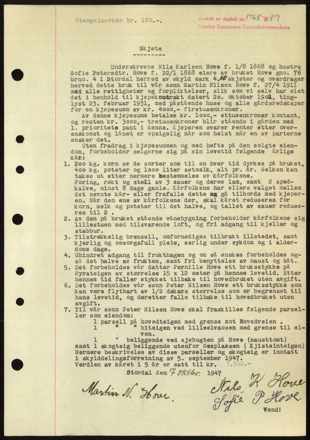 Nordre Sunnmøre sorenskriveri, AV/SAT-A-0006/1/2/2C/2Ca: Mortgage book no. A25, 1947-1947, Diary no: : 1768/1947