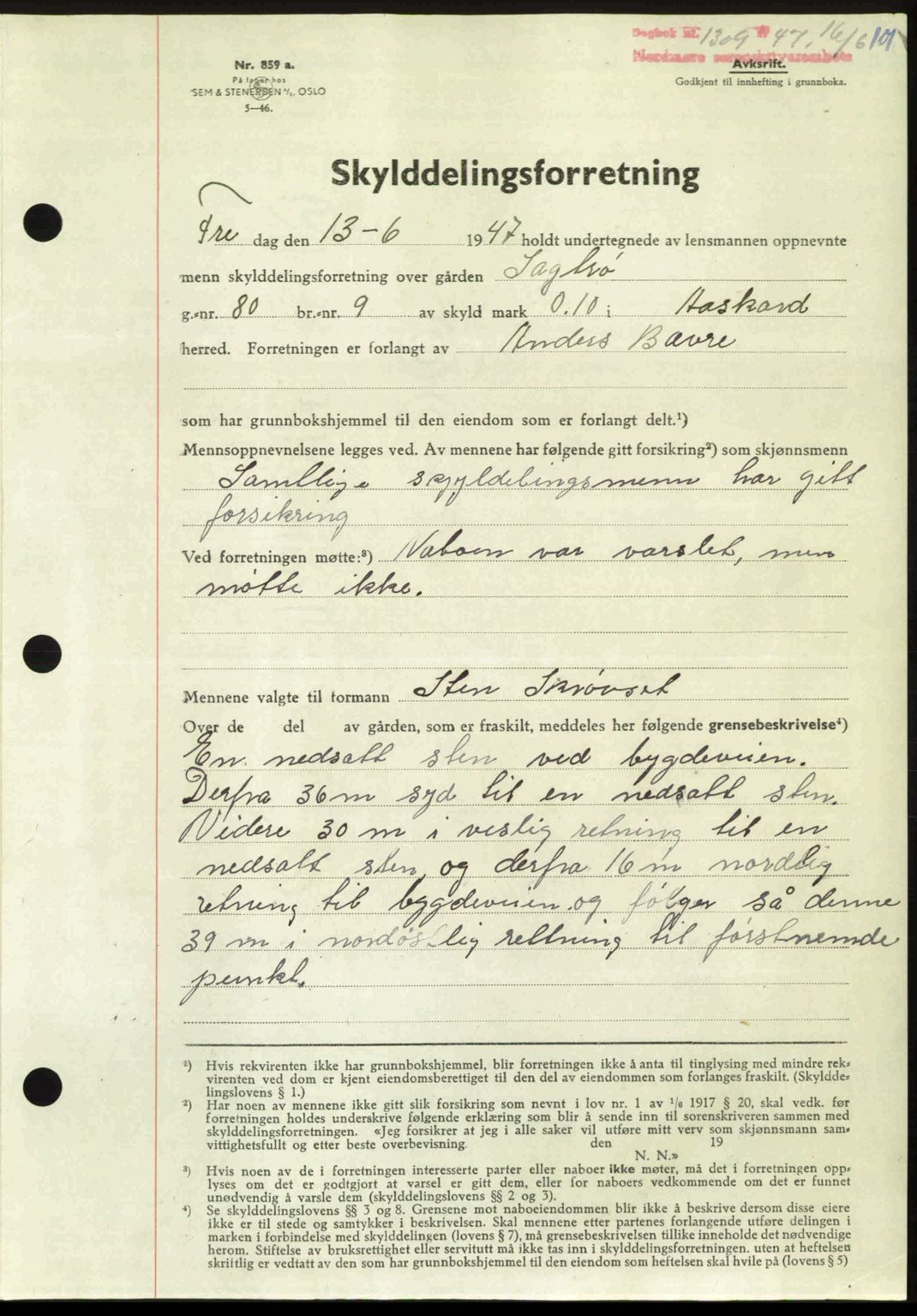 Nordmøre sorenskriveri, AV/SAT-A-4132/1/2/2Ca: Mortgage book no. A105, 1947-1947, Diary no: : 1309/1947