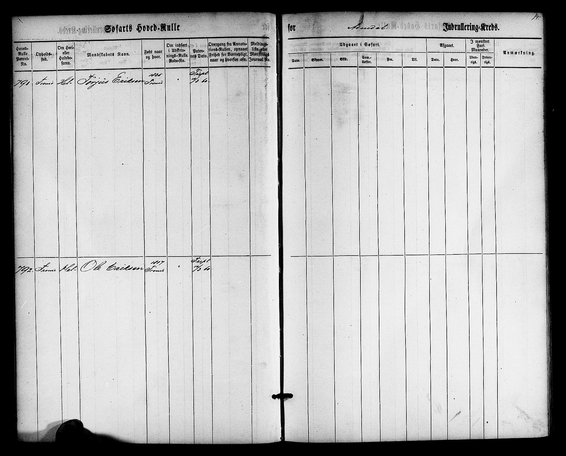 Arendal mønstringskrets, AV/SAK-2031-0012/F/Fb/L0009: Hovedrulle nr 767-1532, S-7, 1857-1864, p. 14