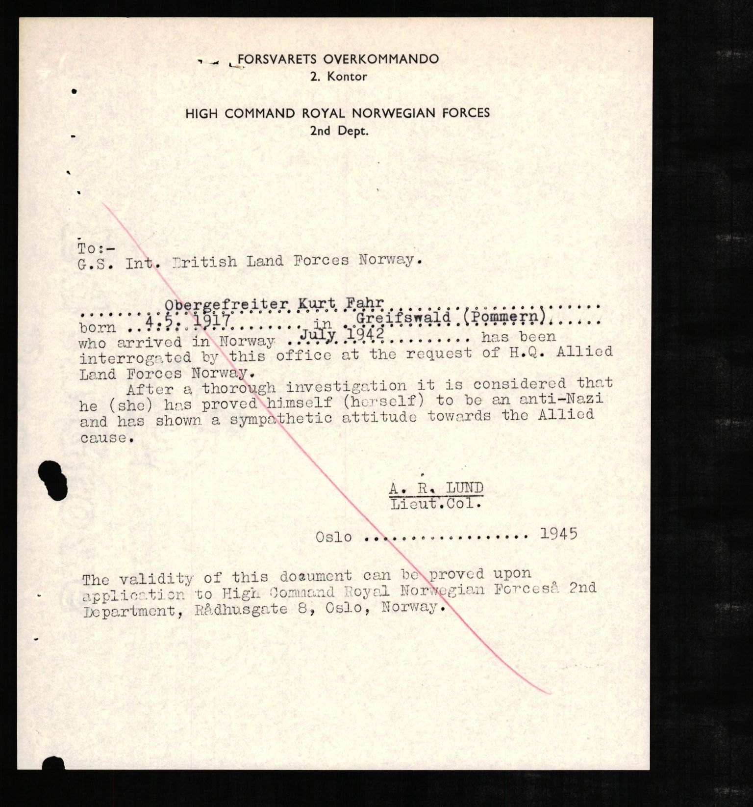 Forsvaret, Forsvarets overkommando II, AV/RA-RAFA-3915/D/Db/L0007: CI Questionaires. Tyske okkupasjonsstyrker i Norge. Tyskere., 1945-1946, p. 401