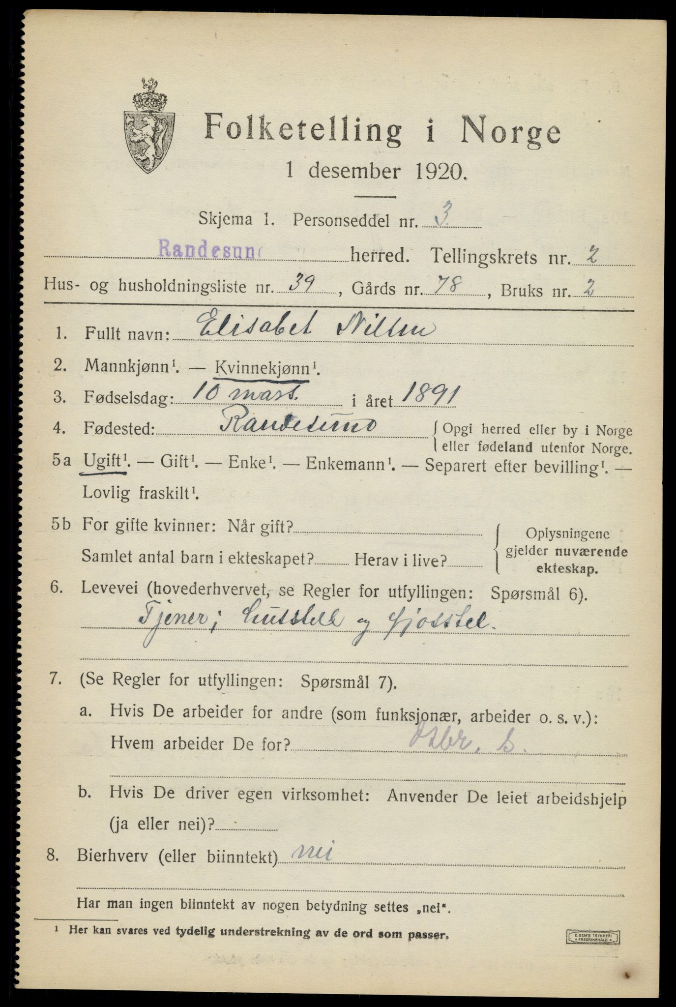 SAK, 1920 census for Randesund, 1920, p. 1422