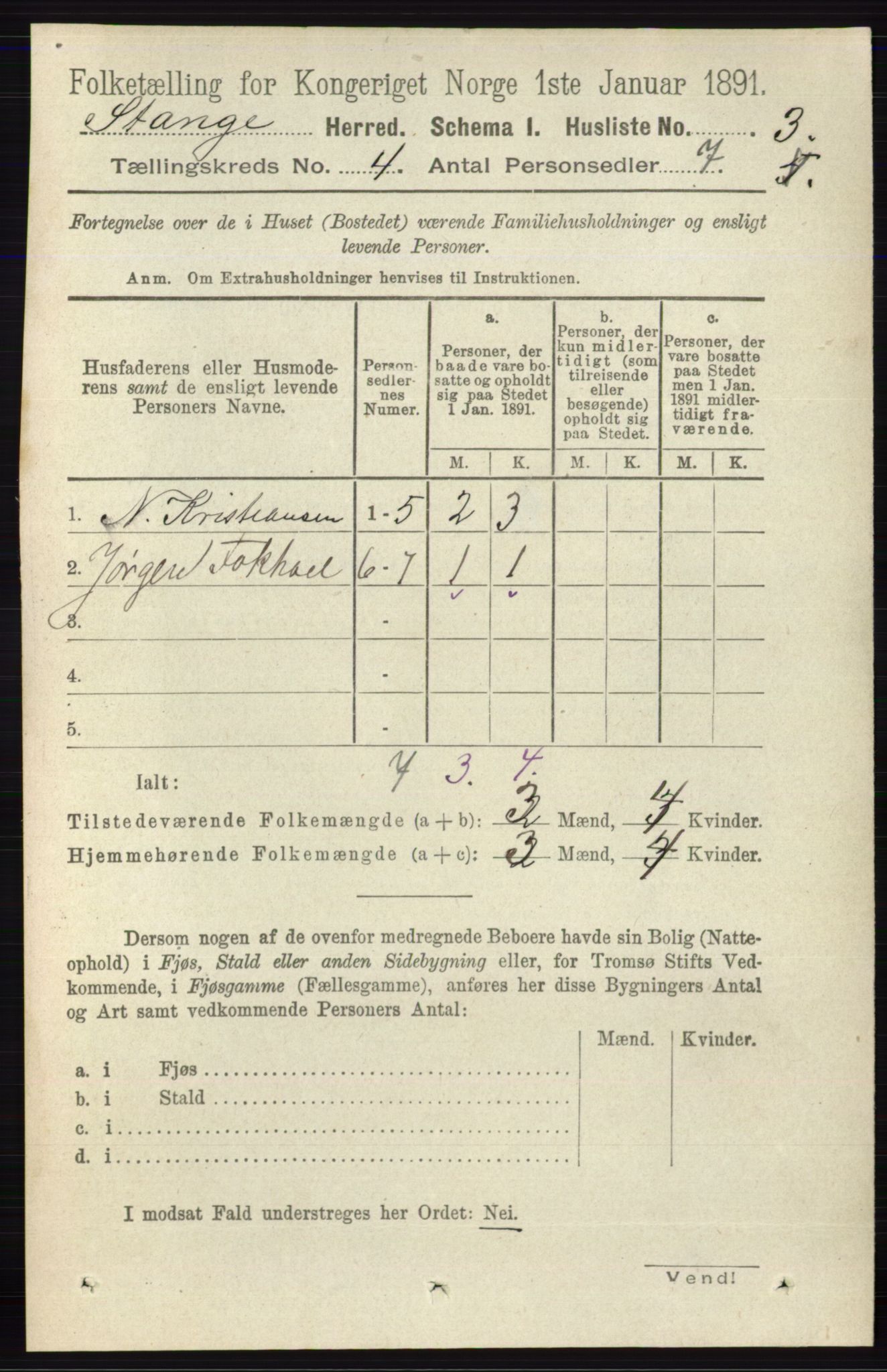 RA, 1891 census for 0417 Stange, 1891, p. 2231